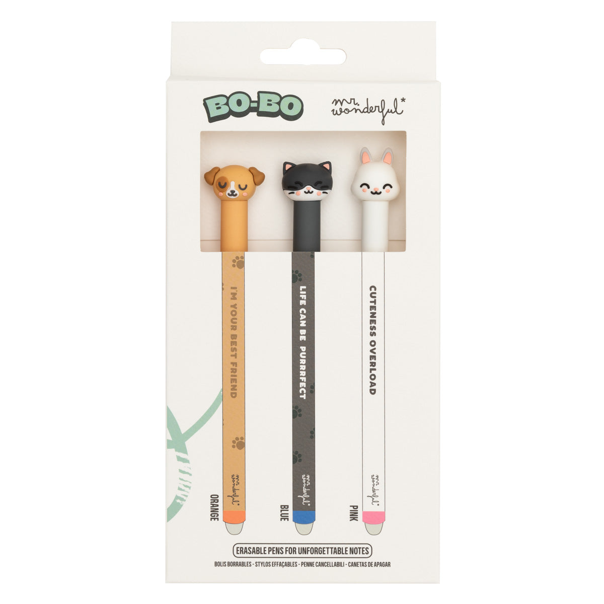 Set de 3 de nuestros bolis borrables -Perro, Gato y Conejo
