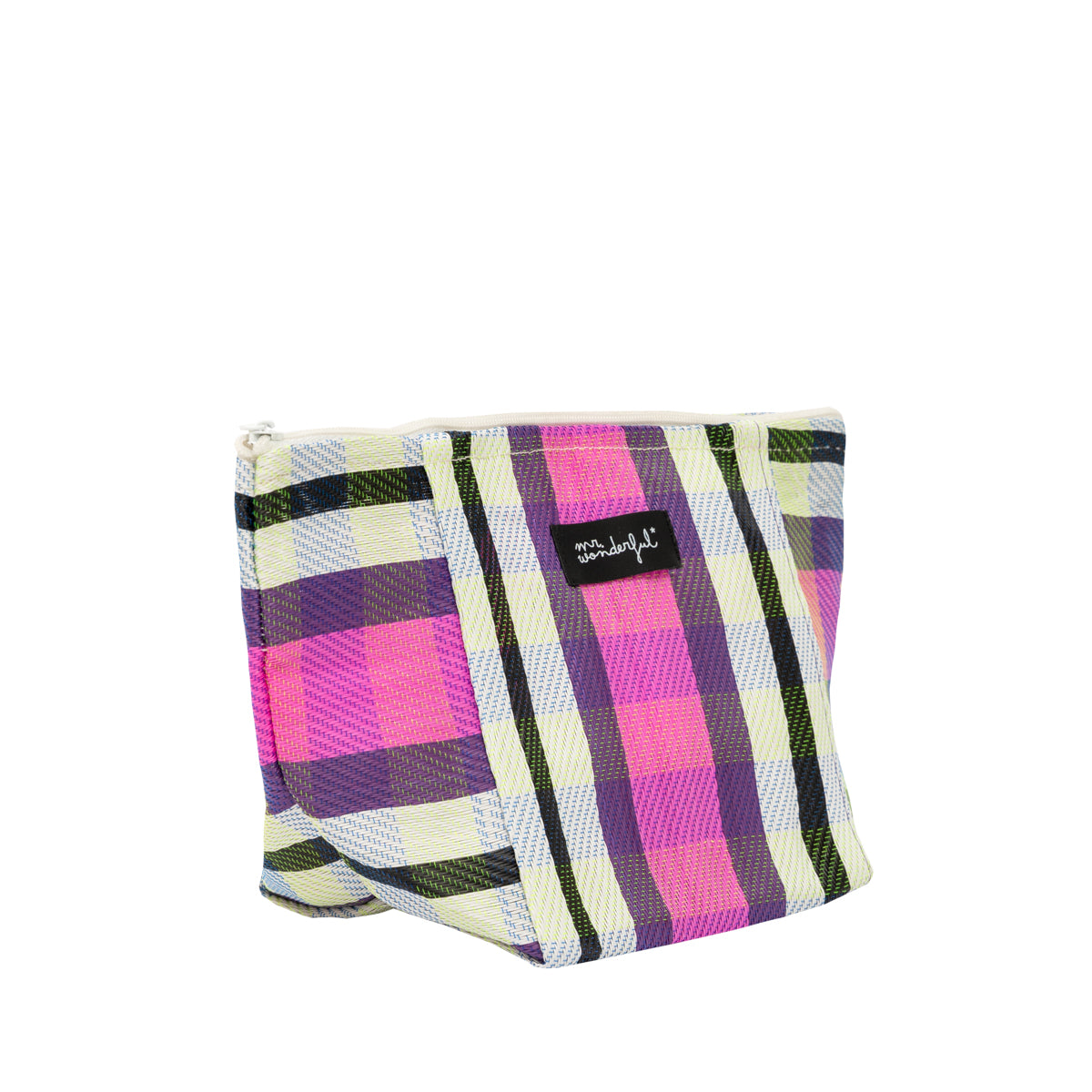 Striped beach toiletry bag – Purple, white and black.