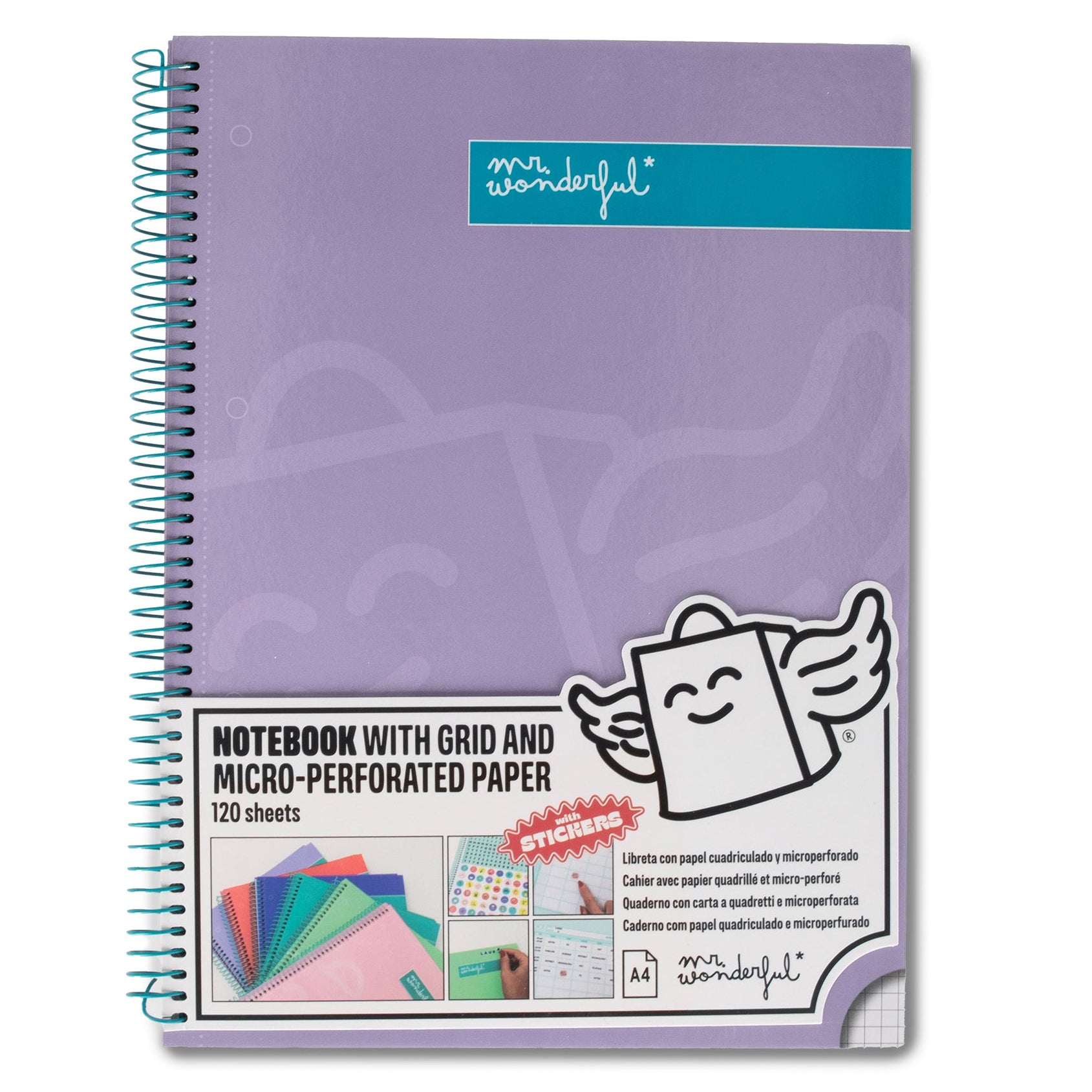 Libreta A4 Mr. Wonderful básica lila 120 hojas - Cuadriculada y microperforada