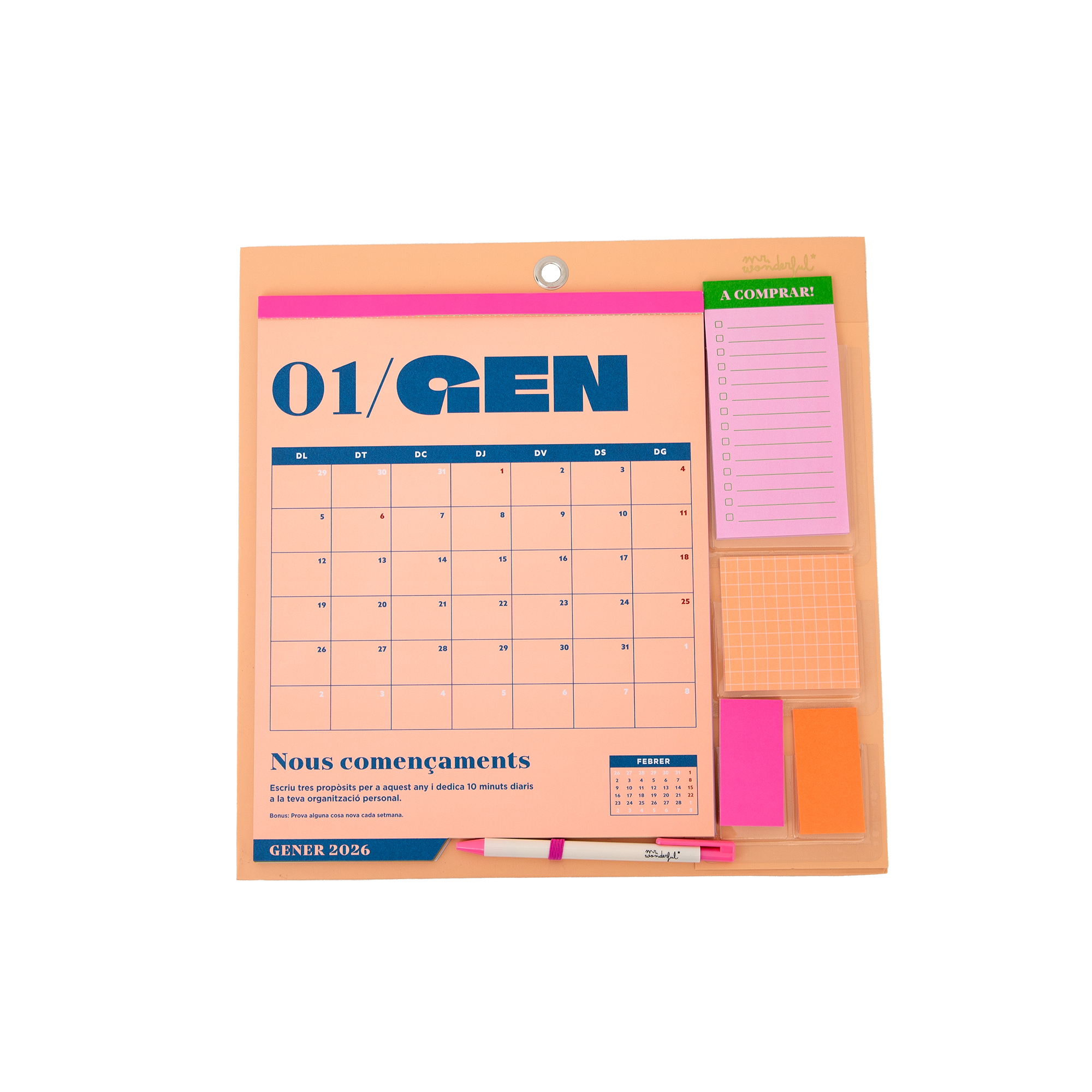 Calendari 2026 de paret en català amb boli, notes adhesives i festius assenyalats