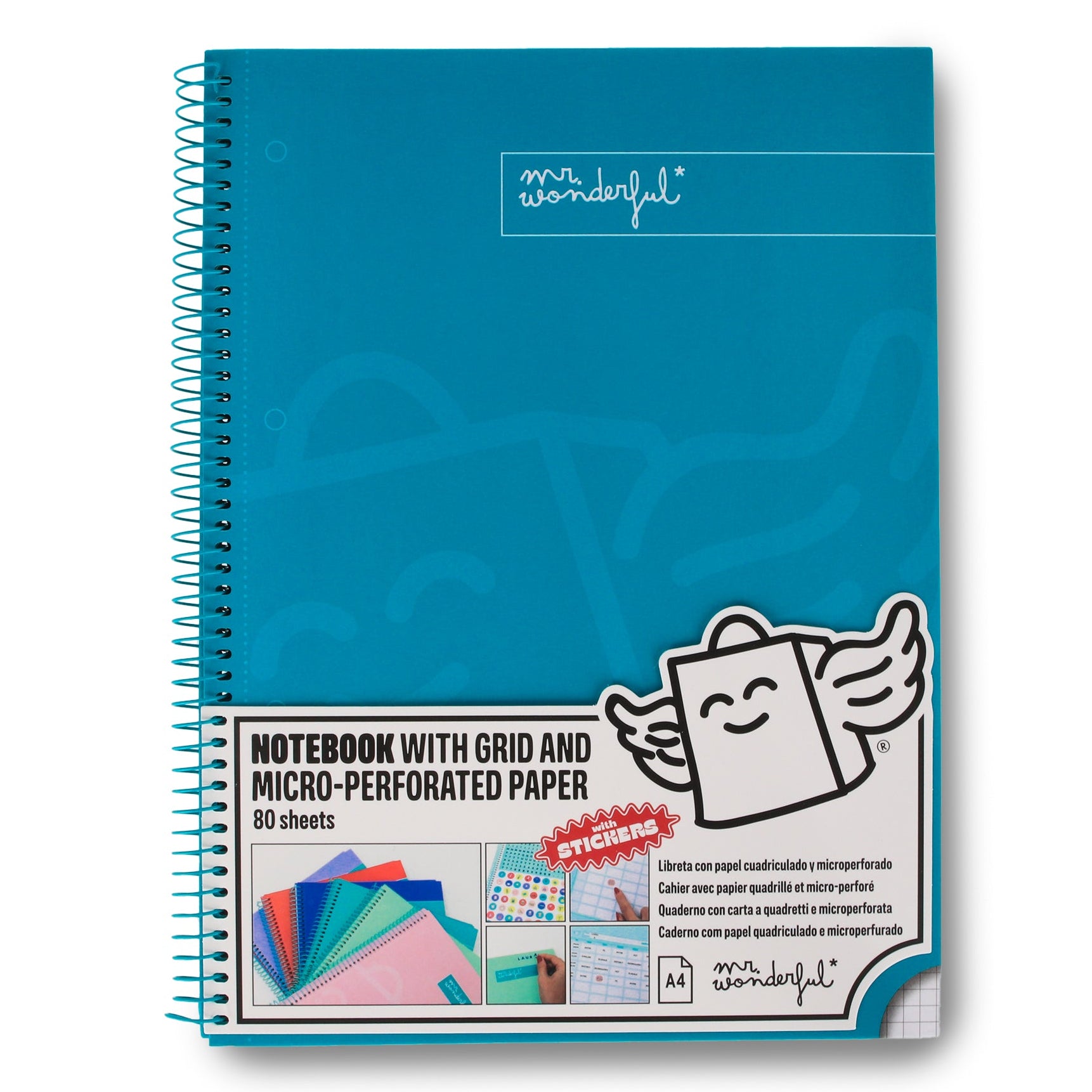 Libreta A4 Mr. Wonderful básica turquesa 80 hojas - Cuadriculada y microperforada