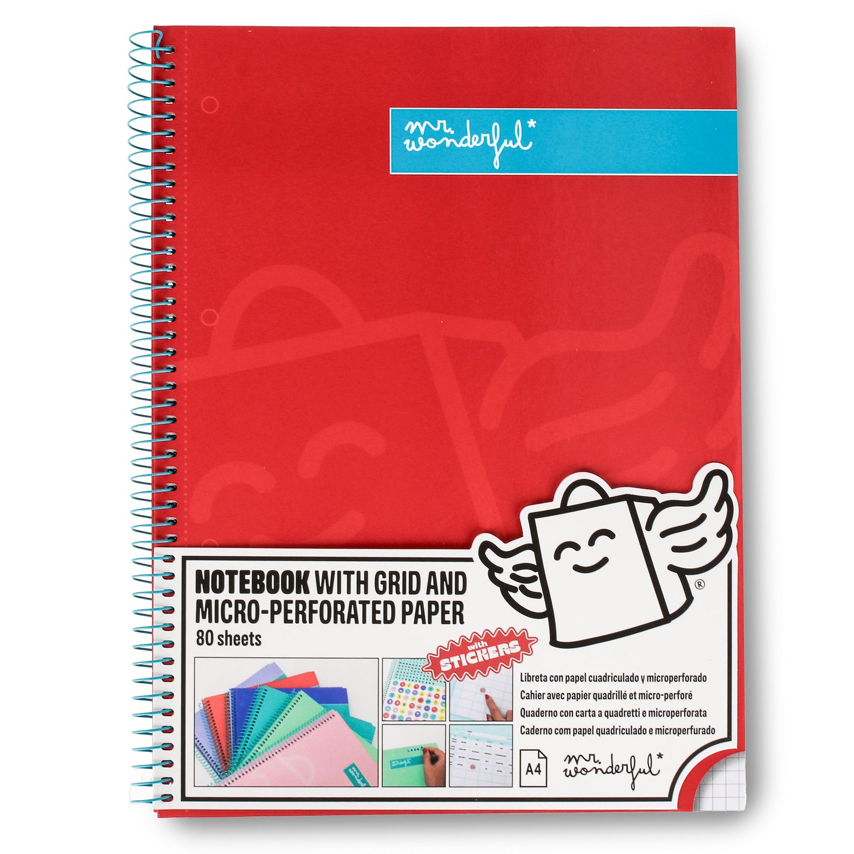 Libreta A4 Mr. Wonderful básica roja 80 hojas - Cuadriculada y microperforada