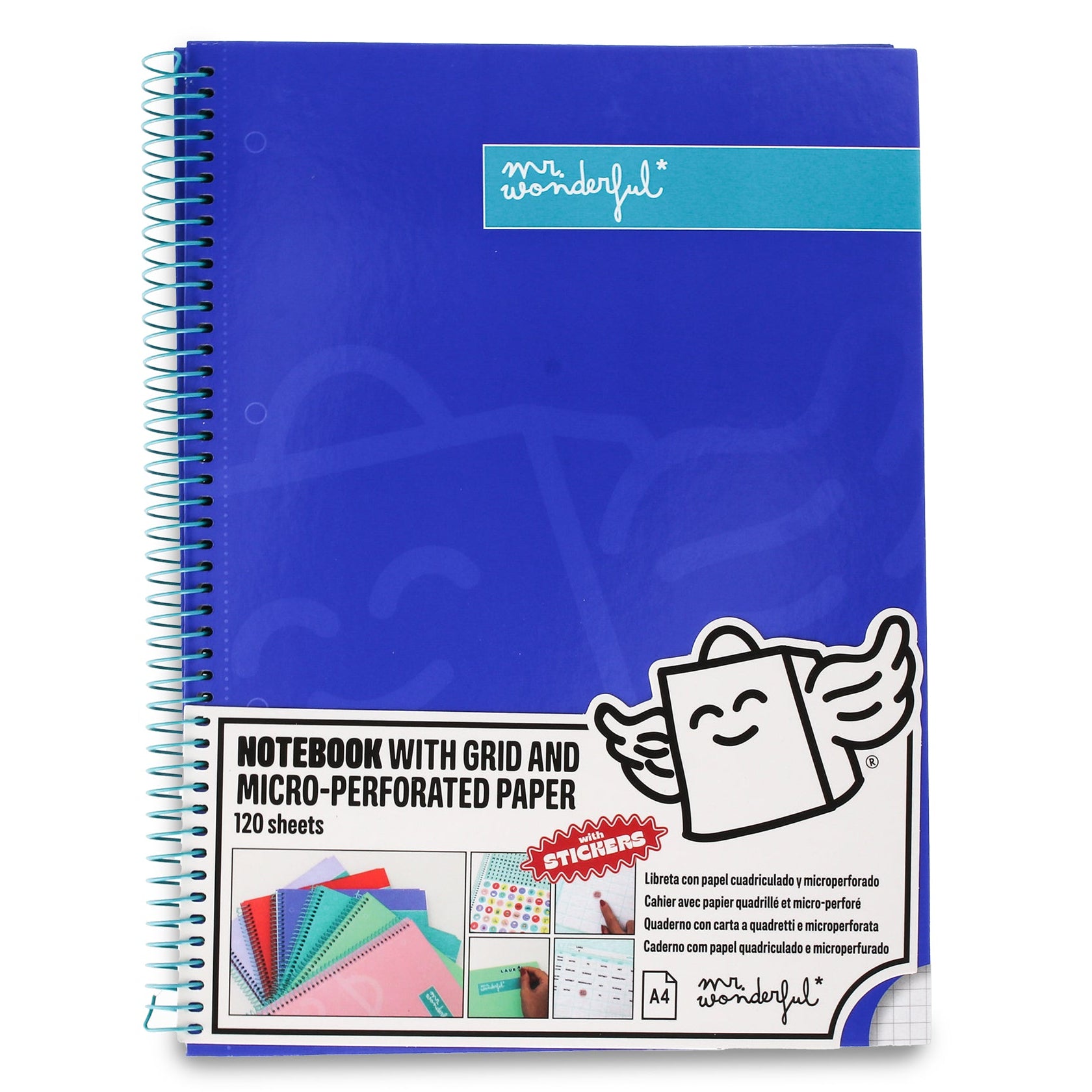 Libreta A4 Mr. Wonderful básica azul 120 hojas - Cuadriculada y microperforada