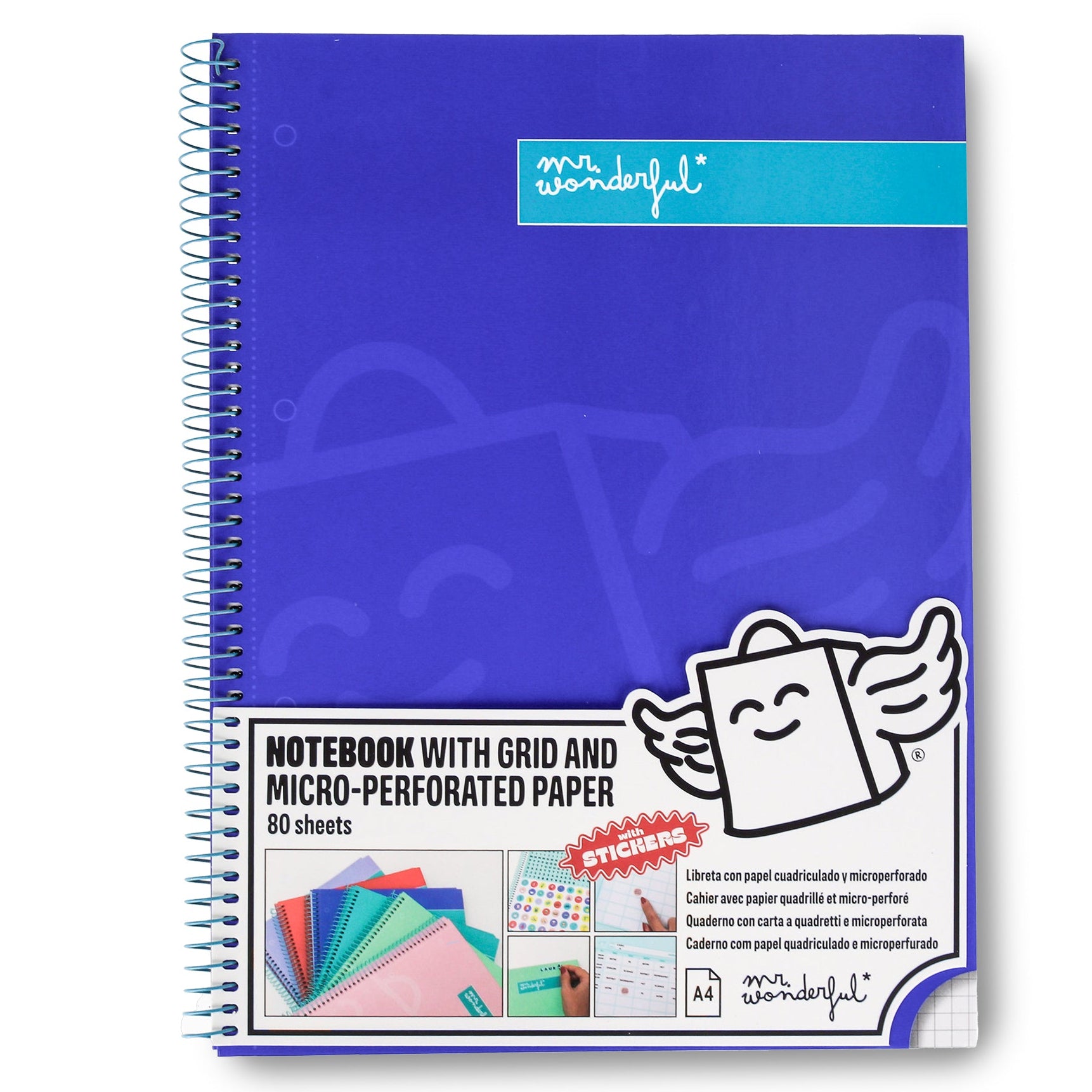 Libreta A4 Mr. Wonderful básica azul 80 hojas - Cuadriculada y microperforada