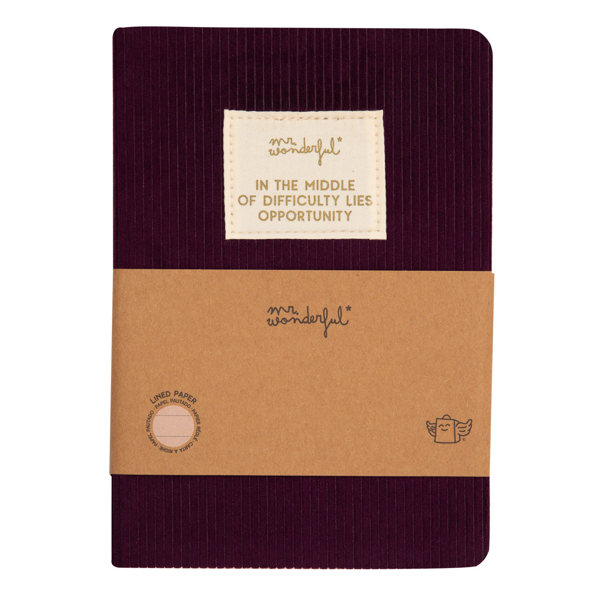 Carnet A5 velours côtelé aubergine - Au milieu de la difficulté se trouve l'opportunité.