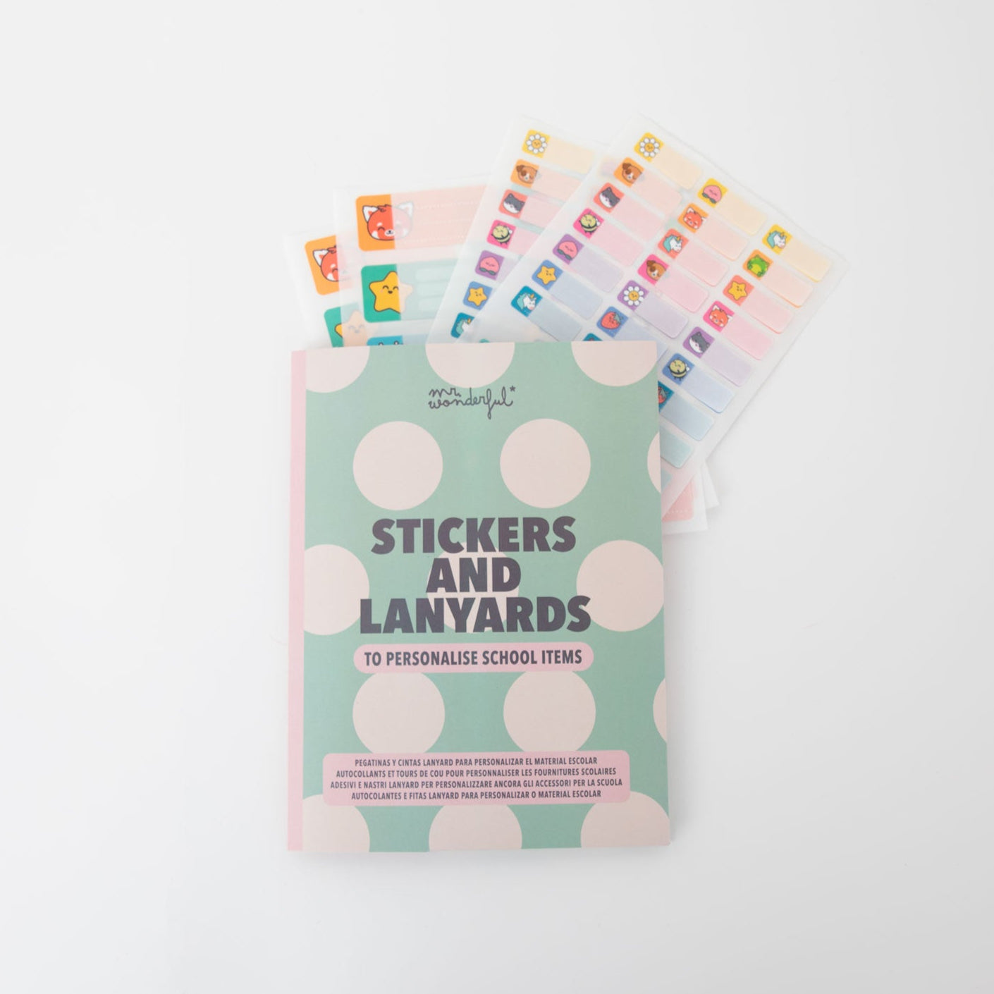 Set de pegatinas y cintas landyard para mochilas y libretas Mr Wonderful