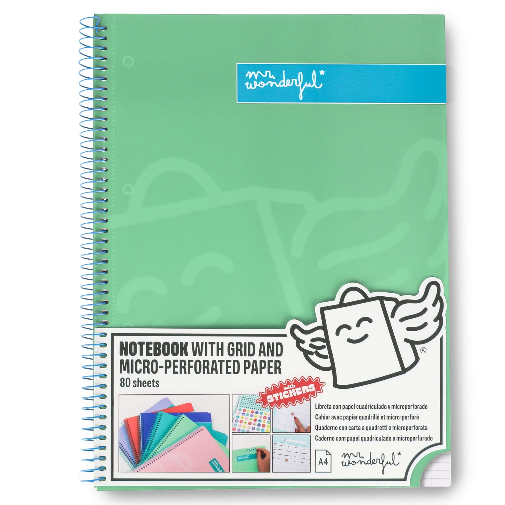 Libreta A4 Mr. Wonderful básica verde 80 hojas - Cuadriculada y microperforada