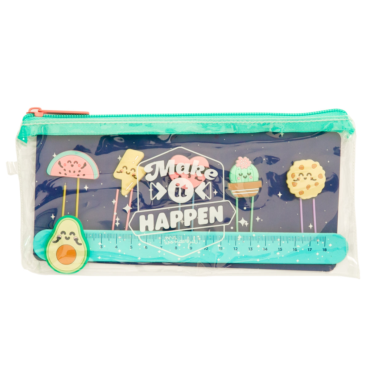 Trousse à crayons avec jeu de pinces à personnages + règle - Make it happen