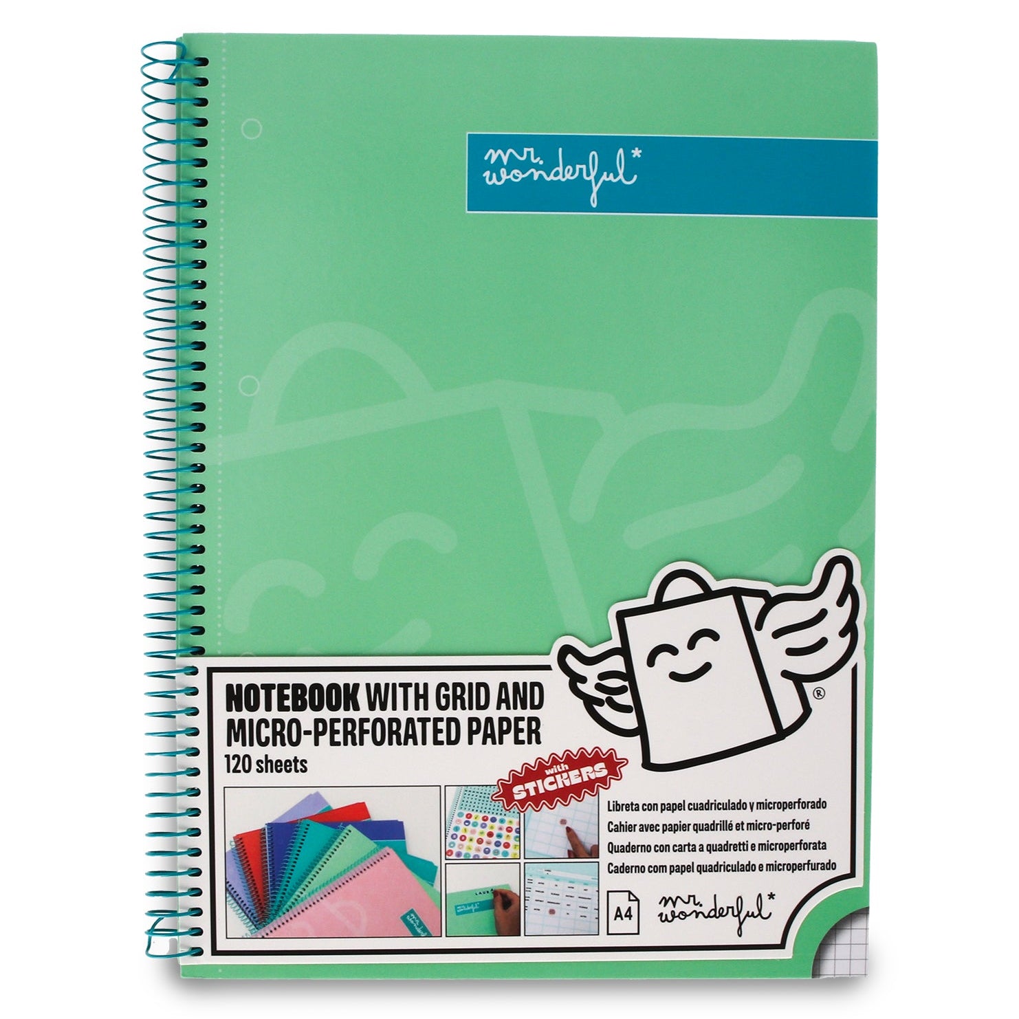 Libreta A4 Mr. Wonderful básica verde 120 hojas - Cuadriculada y microperforada