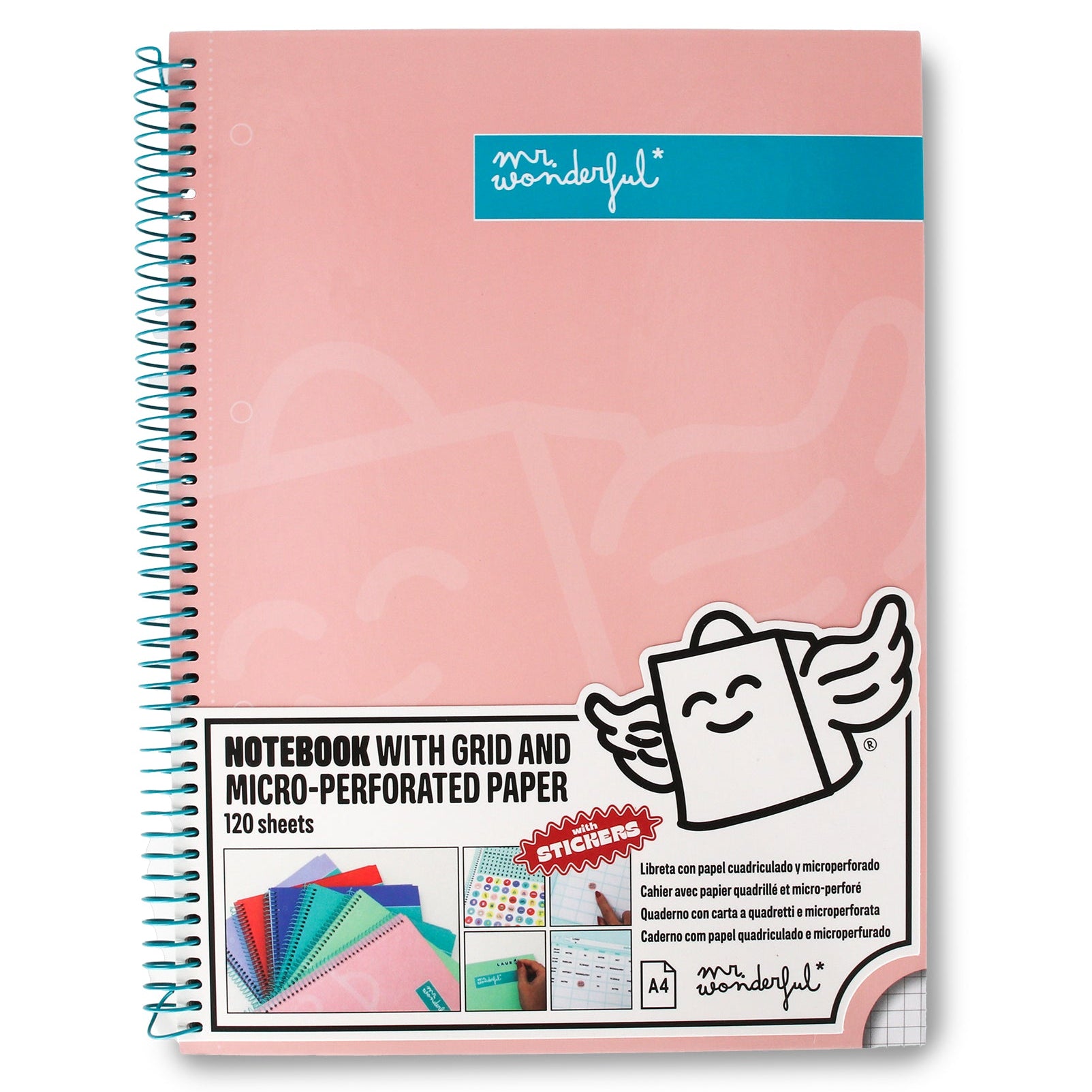 Libreta A4 Mr. Wonderful básica rosa 120 hojas - Cuadriculada y microperforada