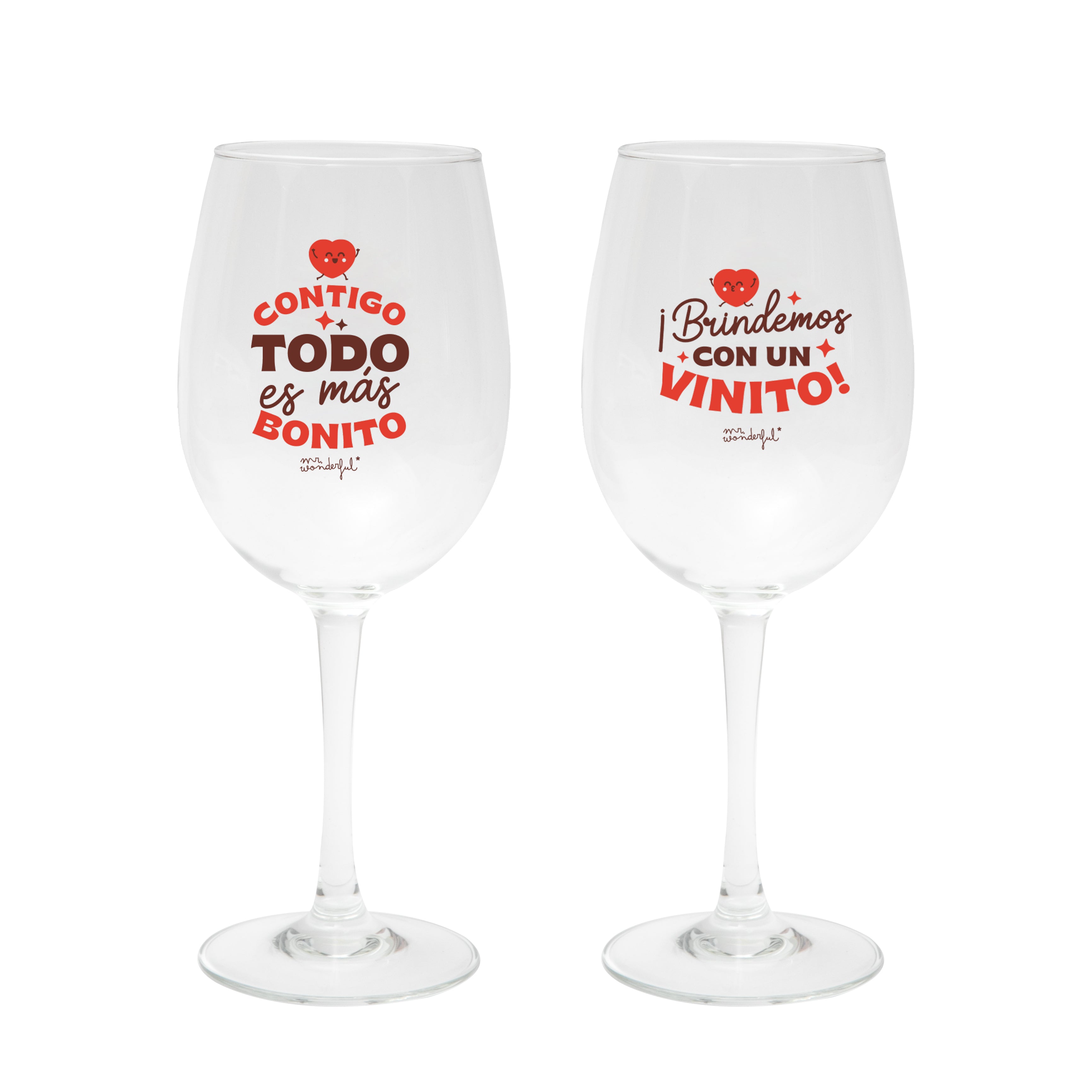 Set de 2 copas de vino - Contigo todo es más bonito. ¡Brindemos con un vinito!