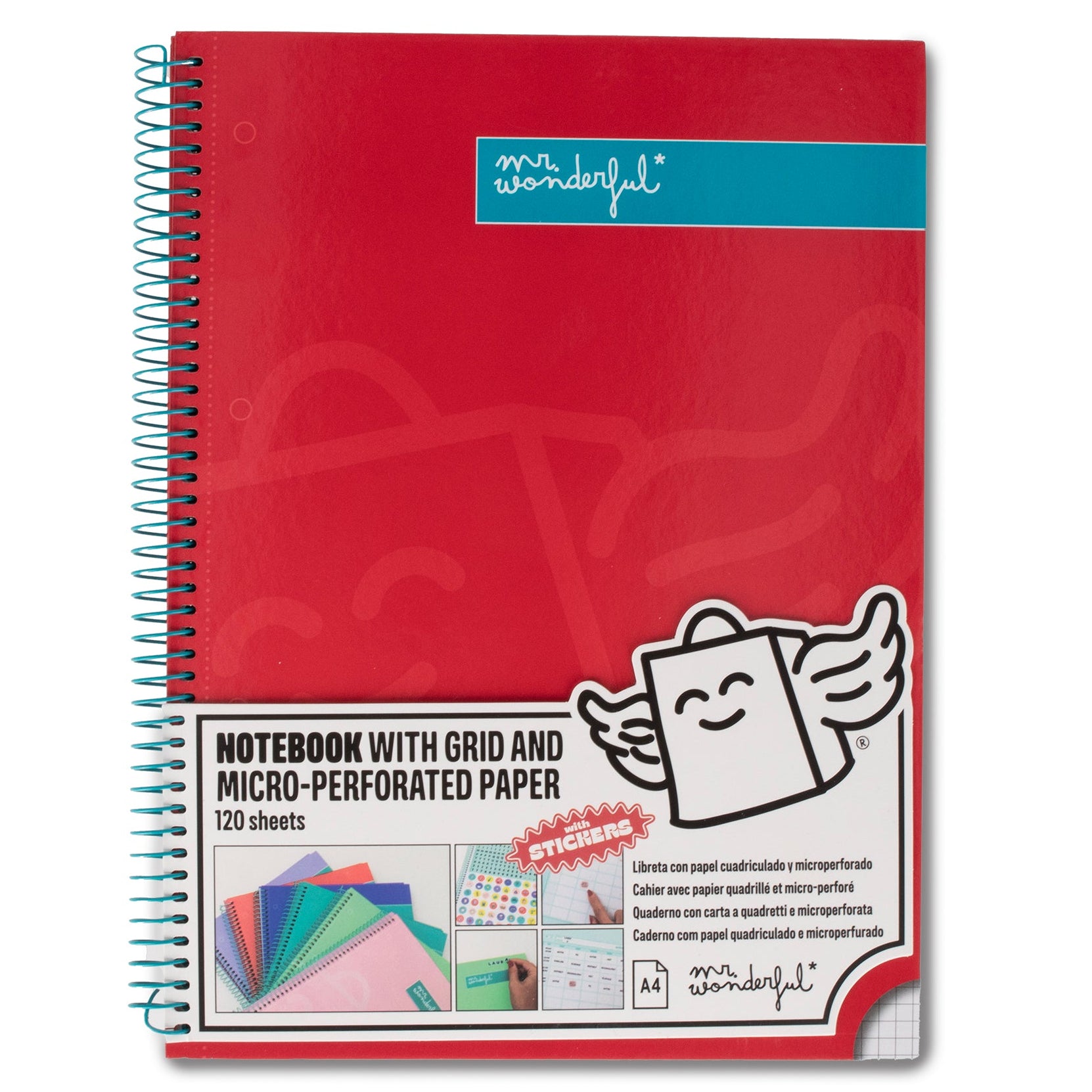 Libreta A4 Mr. Wonderful básica roja 120 hojas - Cuadriculada y microperforada