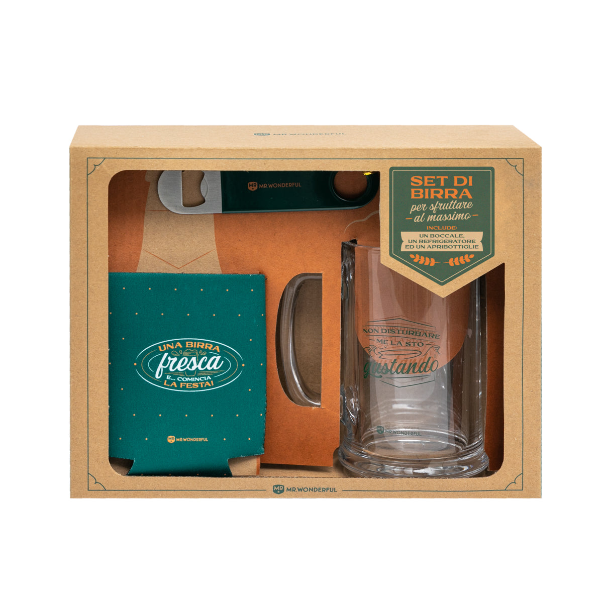Set con boccale + refrigeratore + apribottiglie per gustare una birra fresca al meglio