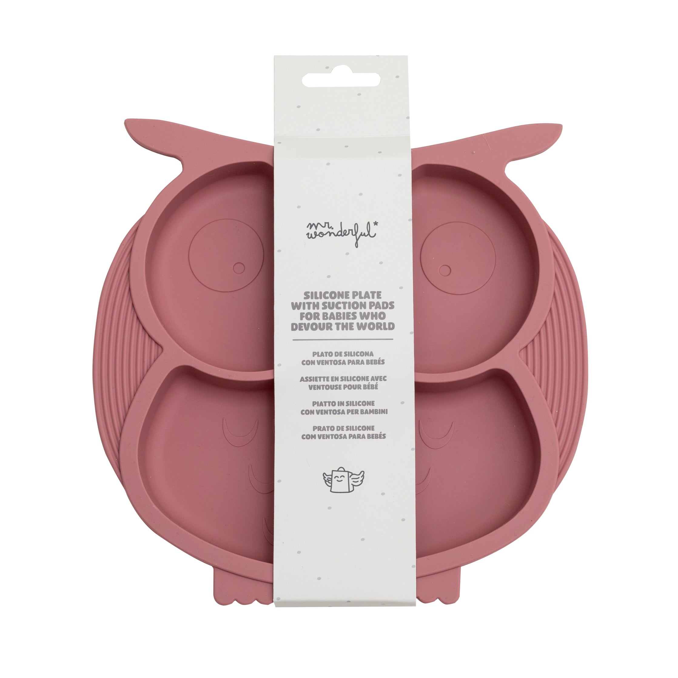Silicone baby plate with suction cup - Pink owl