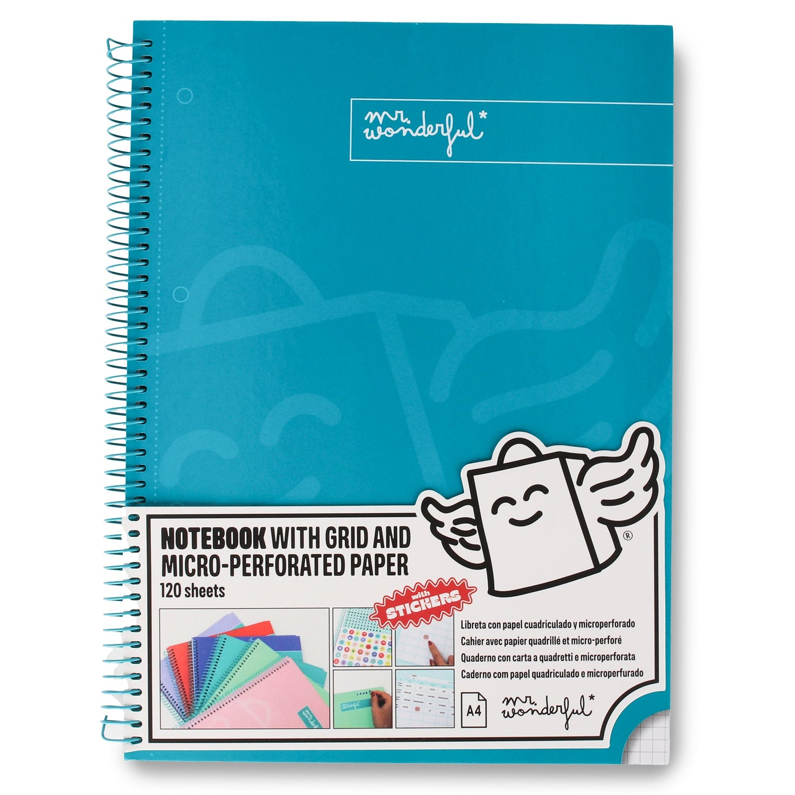 Libreta A4 Mr. Wonderful básica turquesa 120 hojas - Cuadriculada y microperforada