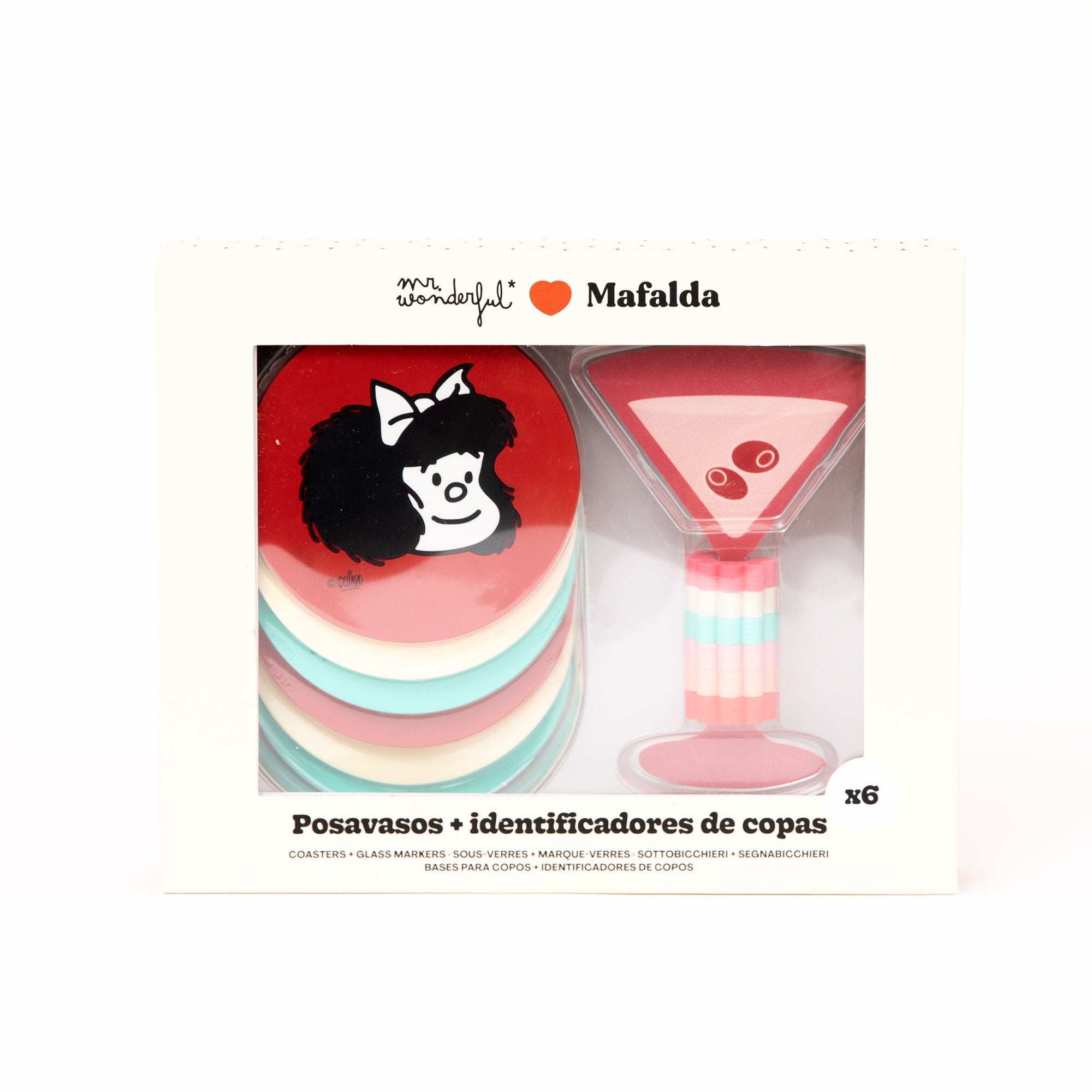 Set de 6 posavasos  + 6 identificadores de copas - Mafalda
