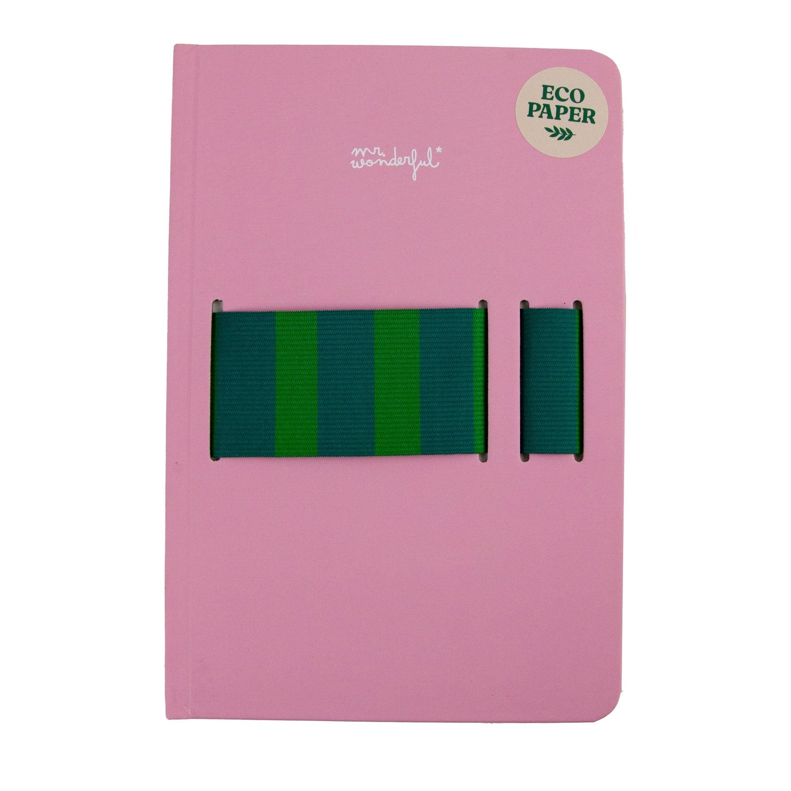 Libreta A5 Mr. Wonderful para regalar a mujeres con gomas elásticas para enganchar móvil y boli color rosa 