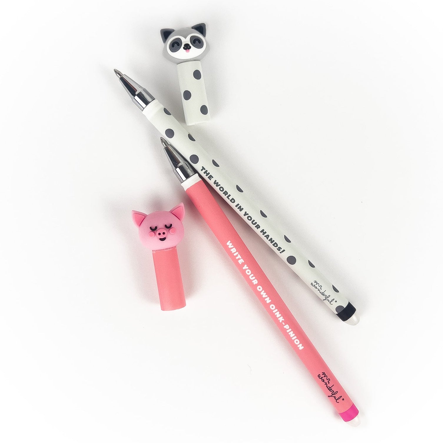 Bolis borrables Bo-Bo Mr. Wonderful mapache y cerdito con mensaje y dos recambios de tinta