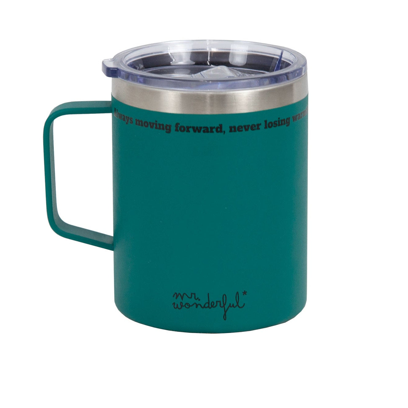 Taza take away térmica con frase Mr. Wonderful y con tapa verde - Always moving forward, never losing warmth