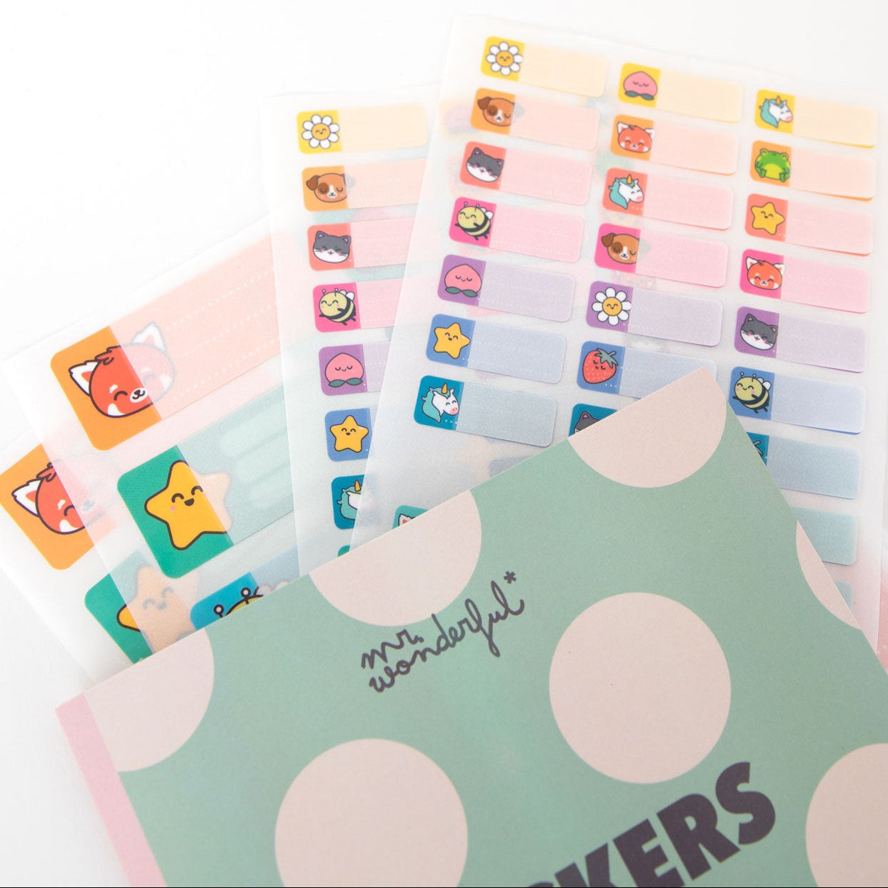 Pegatinas y cintas lanyard para personalizar el material escolar - Abeja, melocotón, gato y estrella