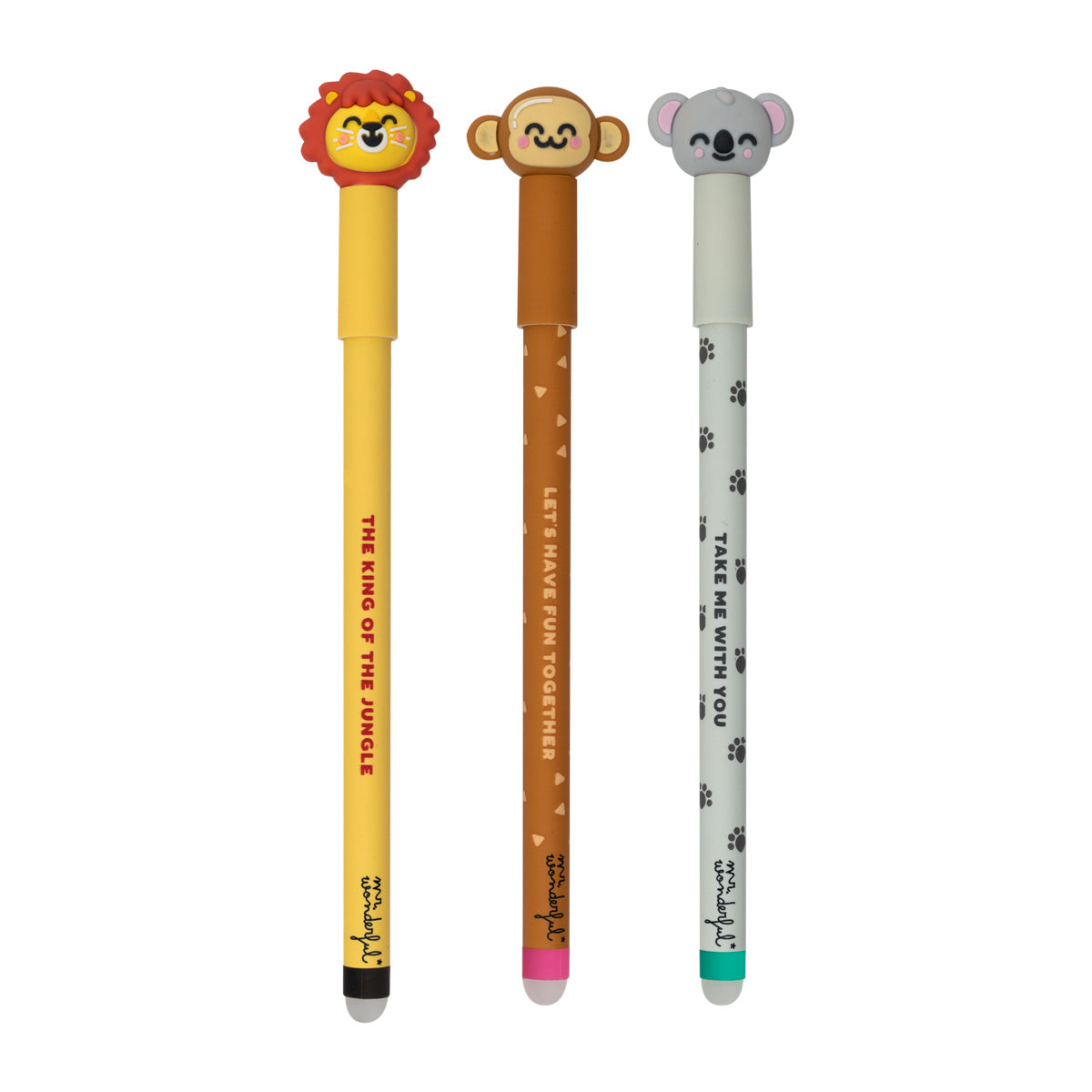 Set of 3 erasable pens for unforgettable notes - Lion, monkey and koala.