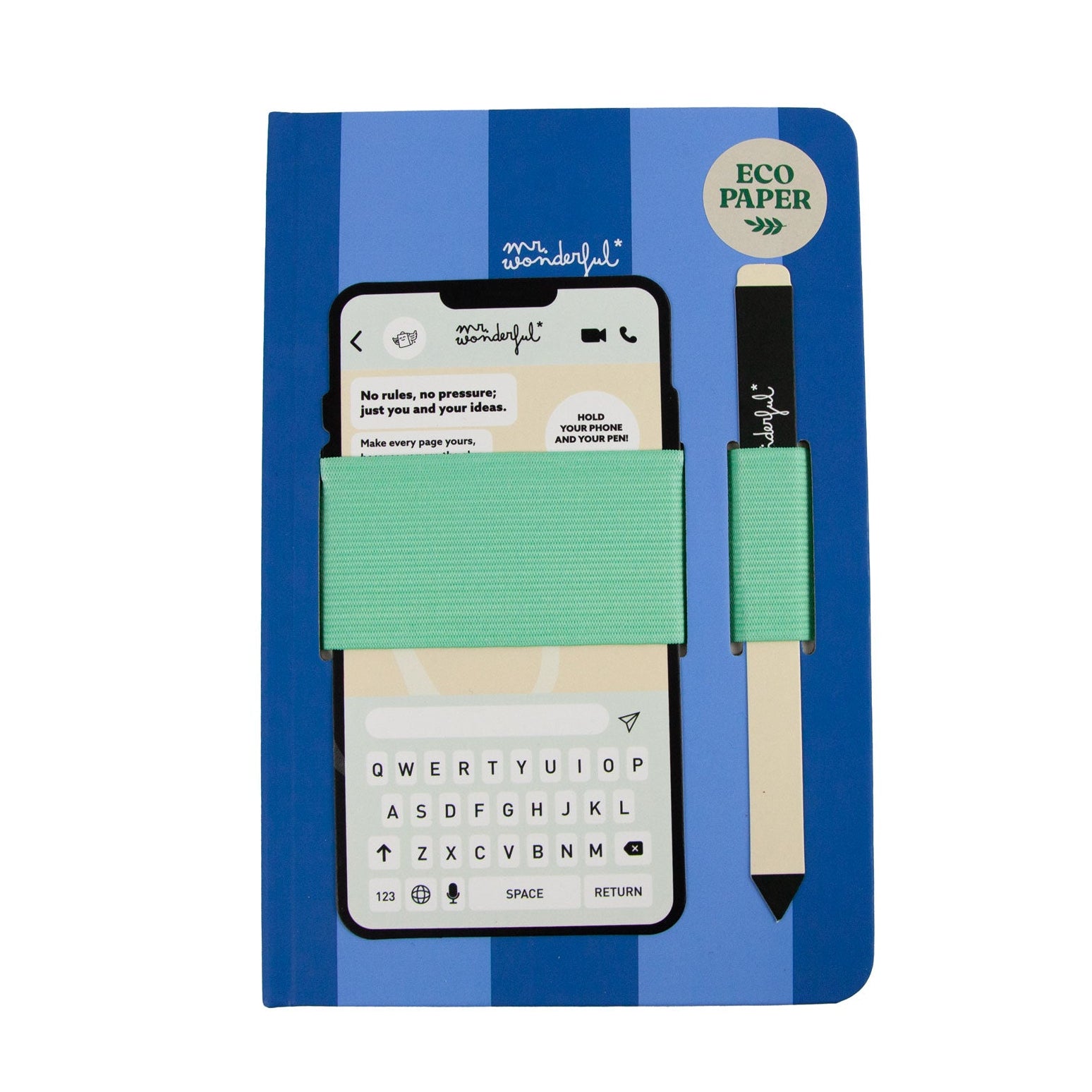 Libreta A5 con soporte para móvil azul  con mensaje Mr. wonderful - Believe it or not, sometimes I write by hand