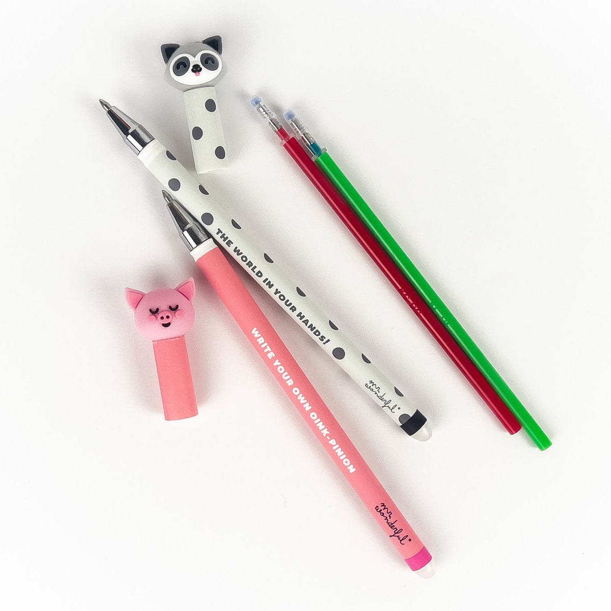 Bolis borrables Bo-Bo Mr. Wonderful mapache y cerdito con dos recambios de tinta