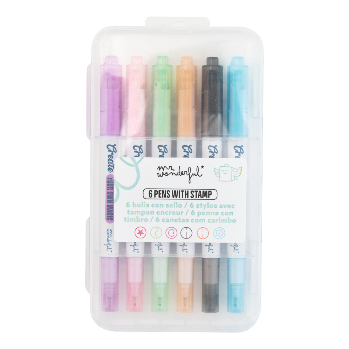 Set of 6 coloured pens with stamp - Create your own magic