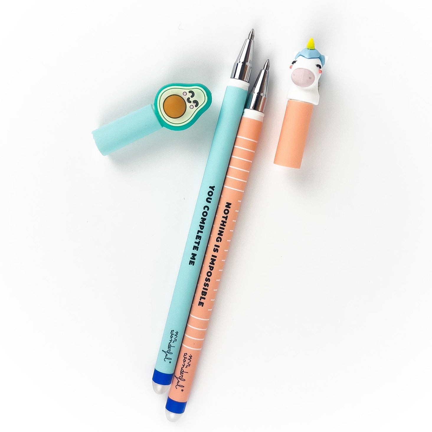 Bolis borrables Bo-Bo Mr. Wonderful aguacate y unicornio con frase y recambios de tinta verde y rosa