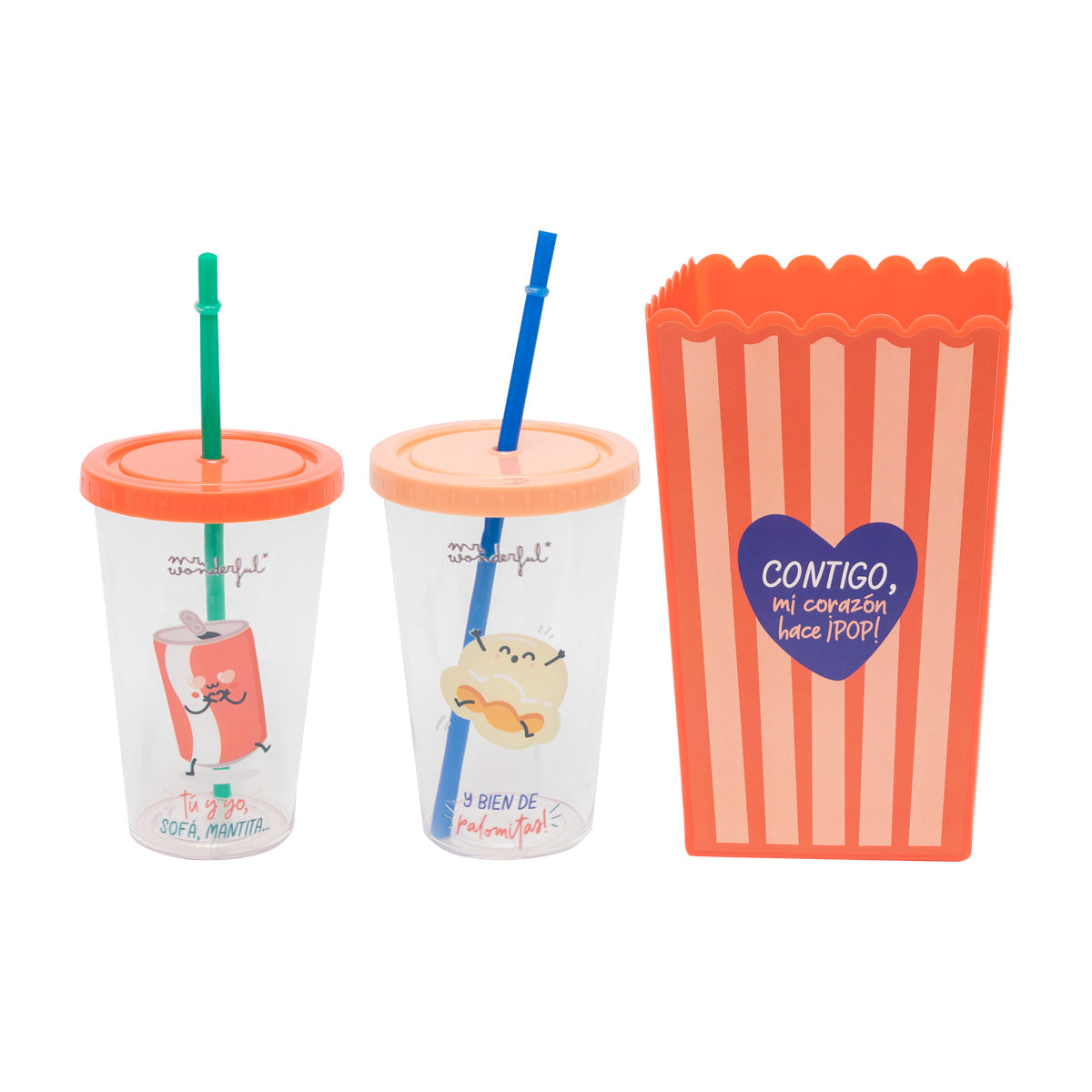 Set de bol de palomitas + dos vasos de refresco para parejas de cine