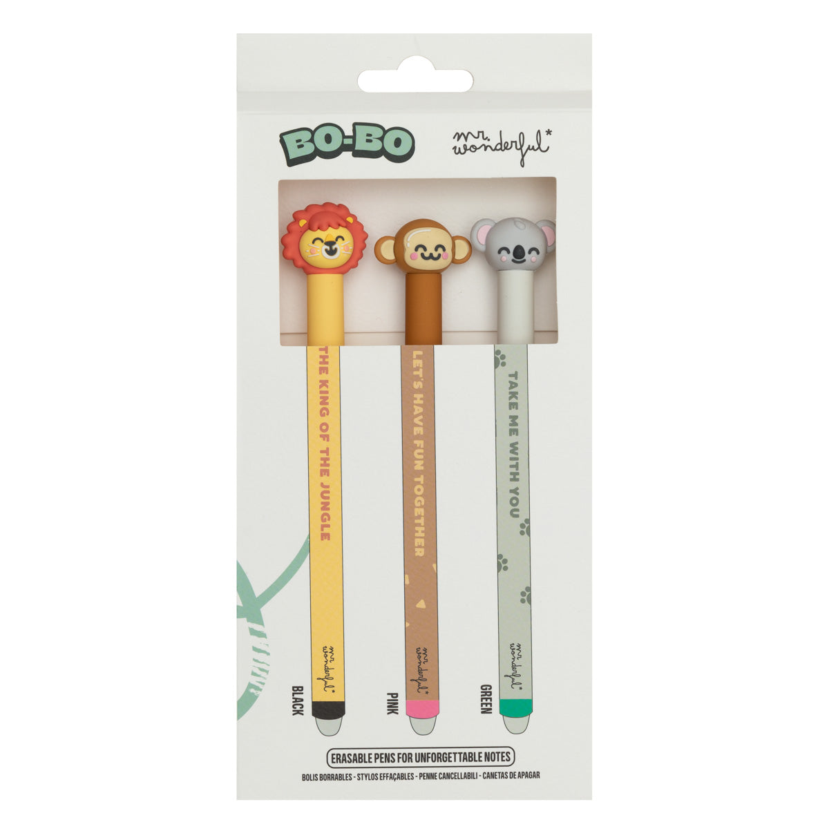 Set of 3 erasable pens for unforgettable notes - Lion, monkey and koala.