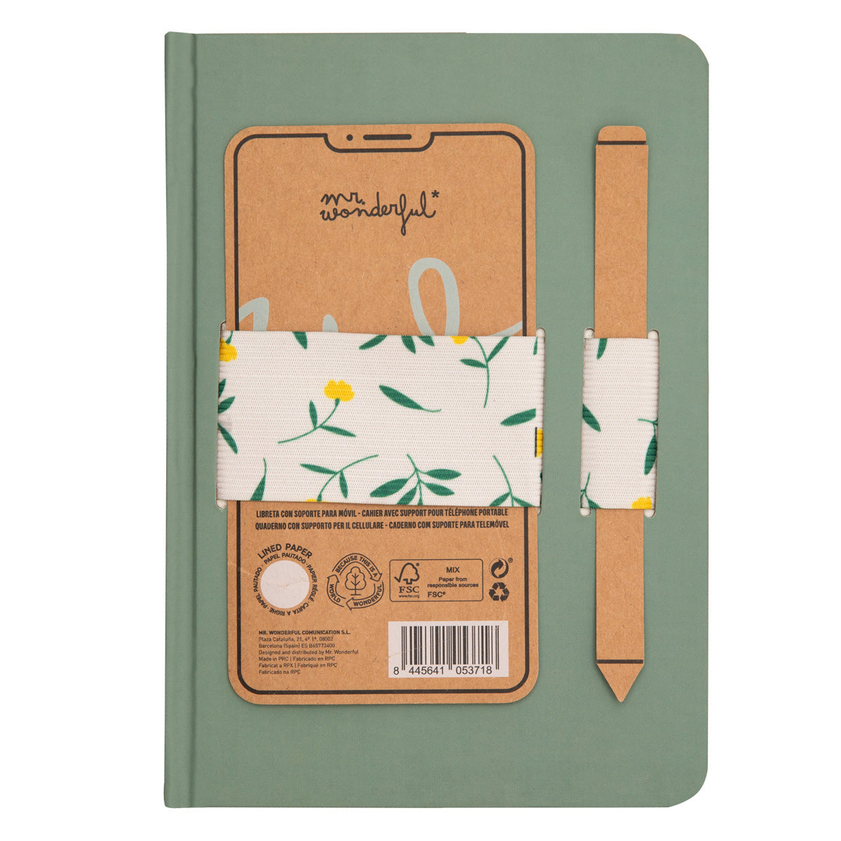 A5 notebook with mobile strap green + flowers elastic band - Ringtones & notes.