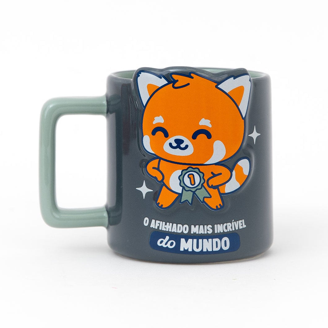 Caneca 3D com mensagem em português para afilhados Mr. Wonderful panda vermelho - O afilhado mais incrível do mundo