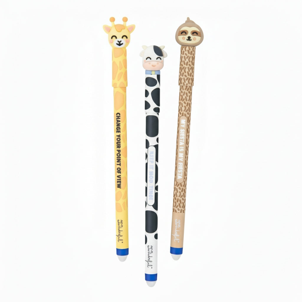 Set de 3 bolis borrables - jirafa, vaca y perezoso | Mr.Wonderful