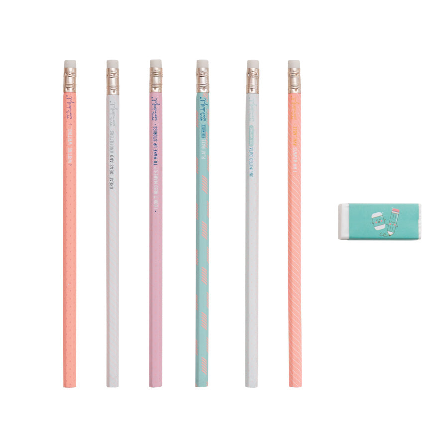 Set of six pencils with never-ending batteries