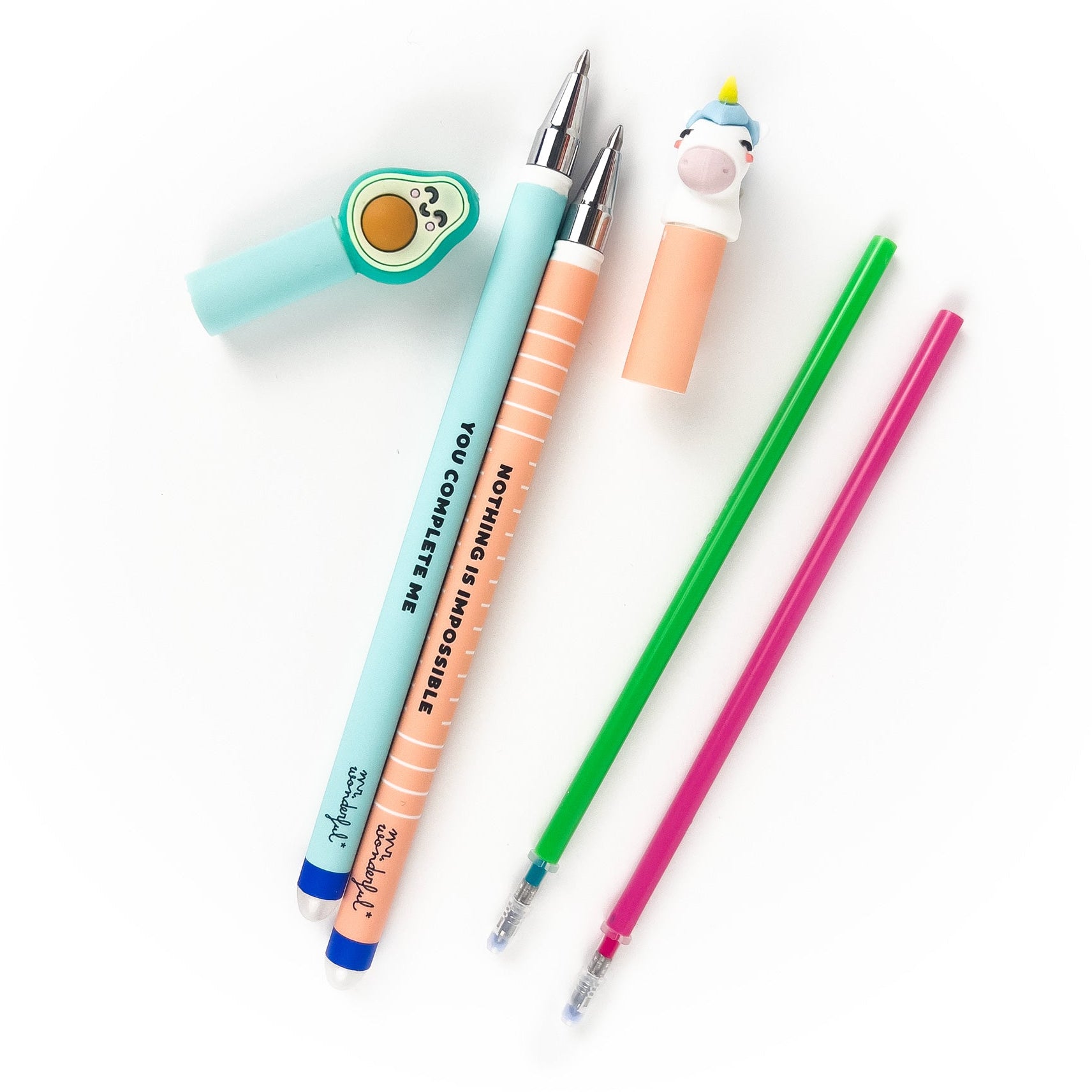 Bolis borrables Bo-Bo Mr. Wonderful aguacate y unicornio con recambios de tinta verde y rosa