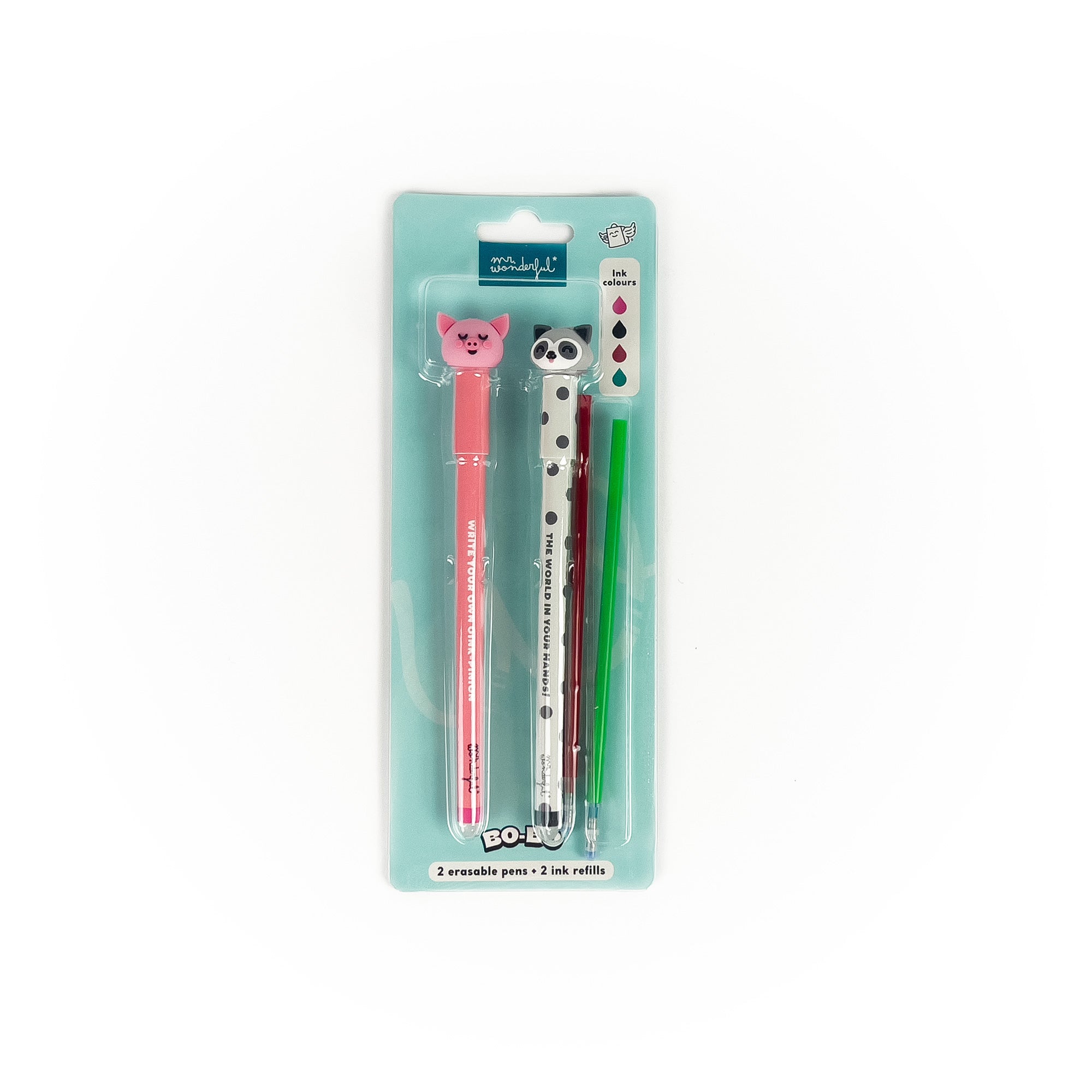 Lot de 2 stylos effaçables Bo-Bo + 2 recharges - Porcinet + Raton laveur