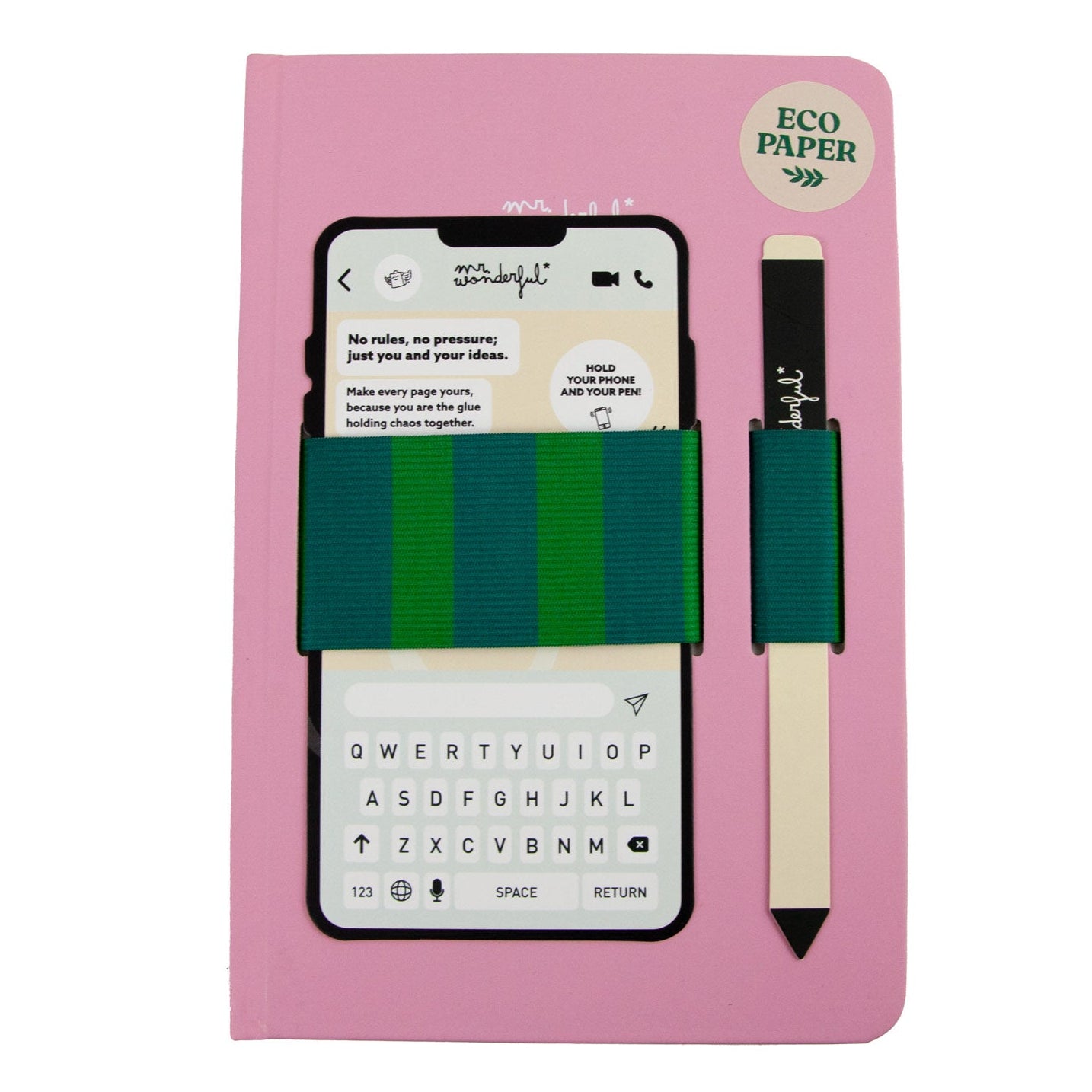 Libreta A5 Mr. Wonderful con gomas elásticas para enganchar móvil y boli color rosa