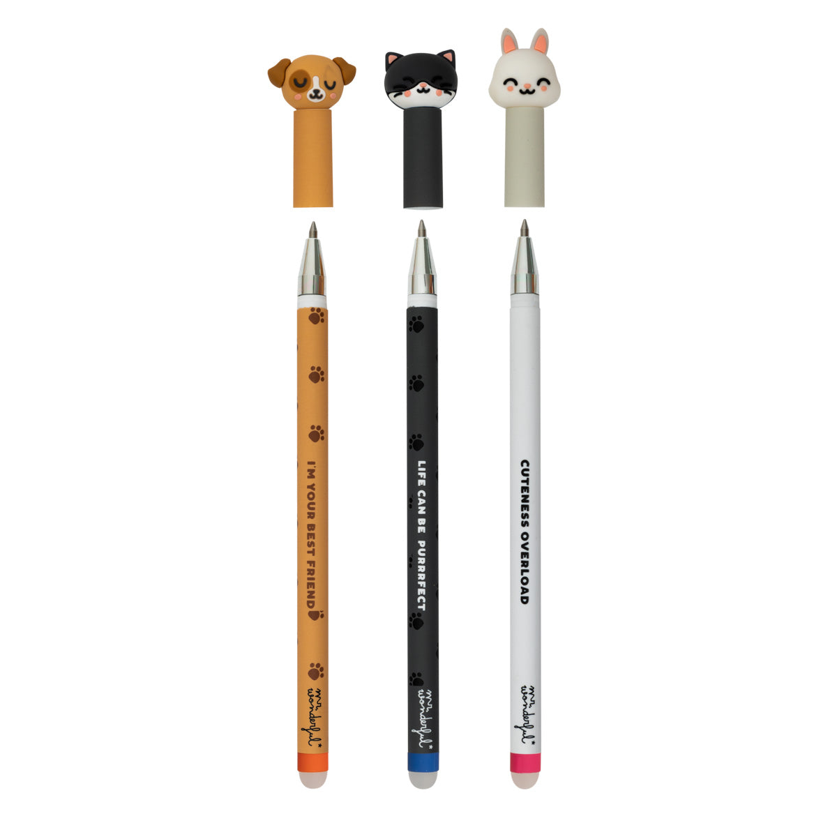 Set de 3 de nuestros bolis borrables  -Perro, Gato y Conejo