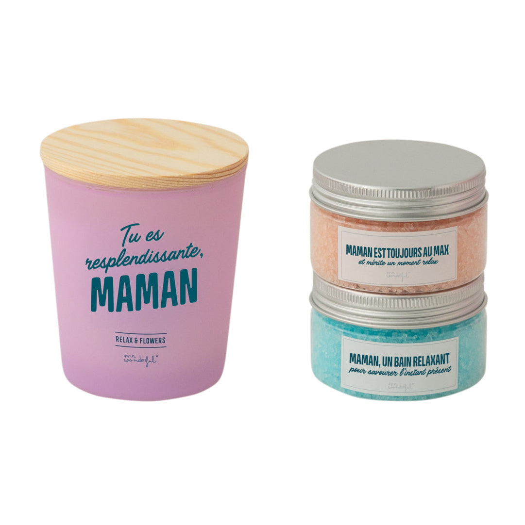 Sels de bain + bougie avec message pour les mères en français Mr. Wonderful Fête des Mères - Kit pour dorloter maman