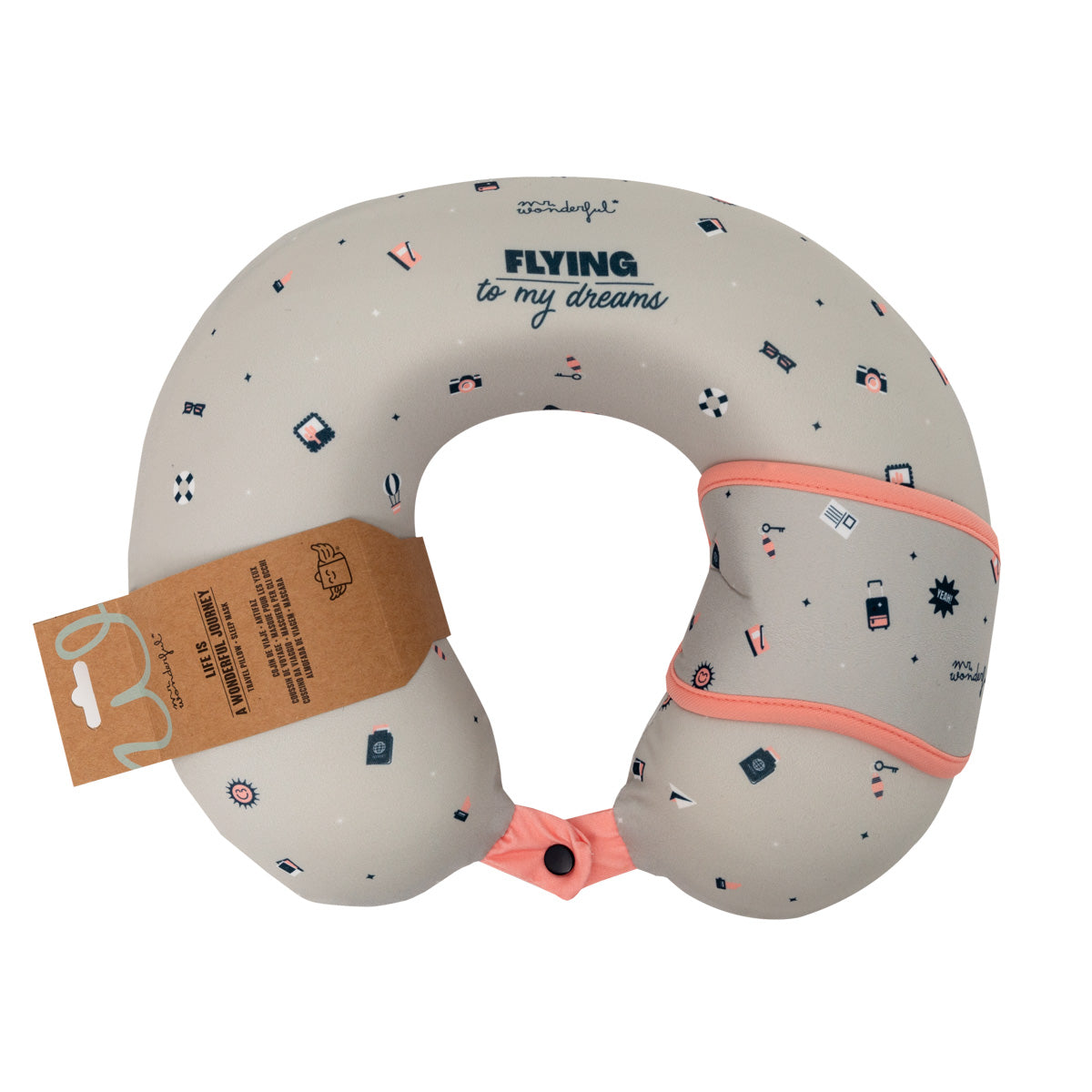 Travel pillow with sleep mask Grey - Flying to my dreams.