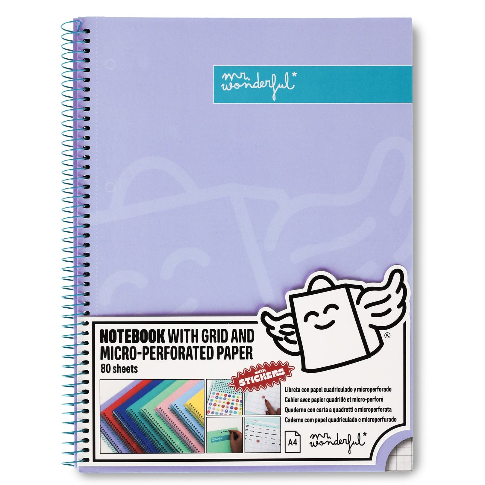 Libreta A4 Mr. Wonderful básica lila 80 hojas - Cuadriculada y microperforada