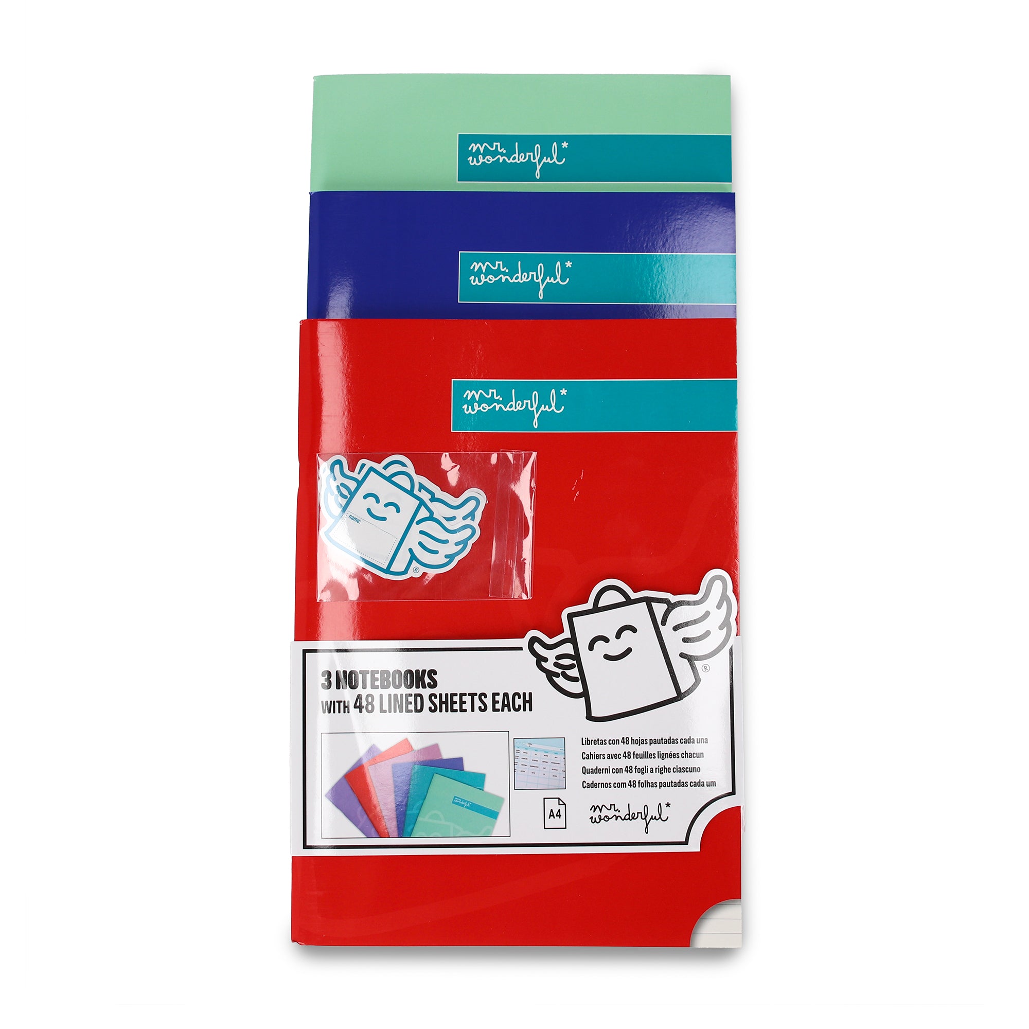 Set of 3 A4 notebooks 80 lined sheets - Red, blue and green