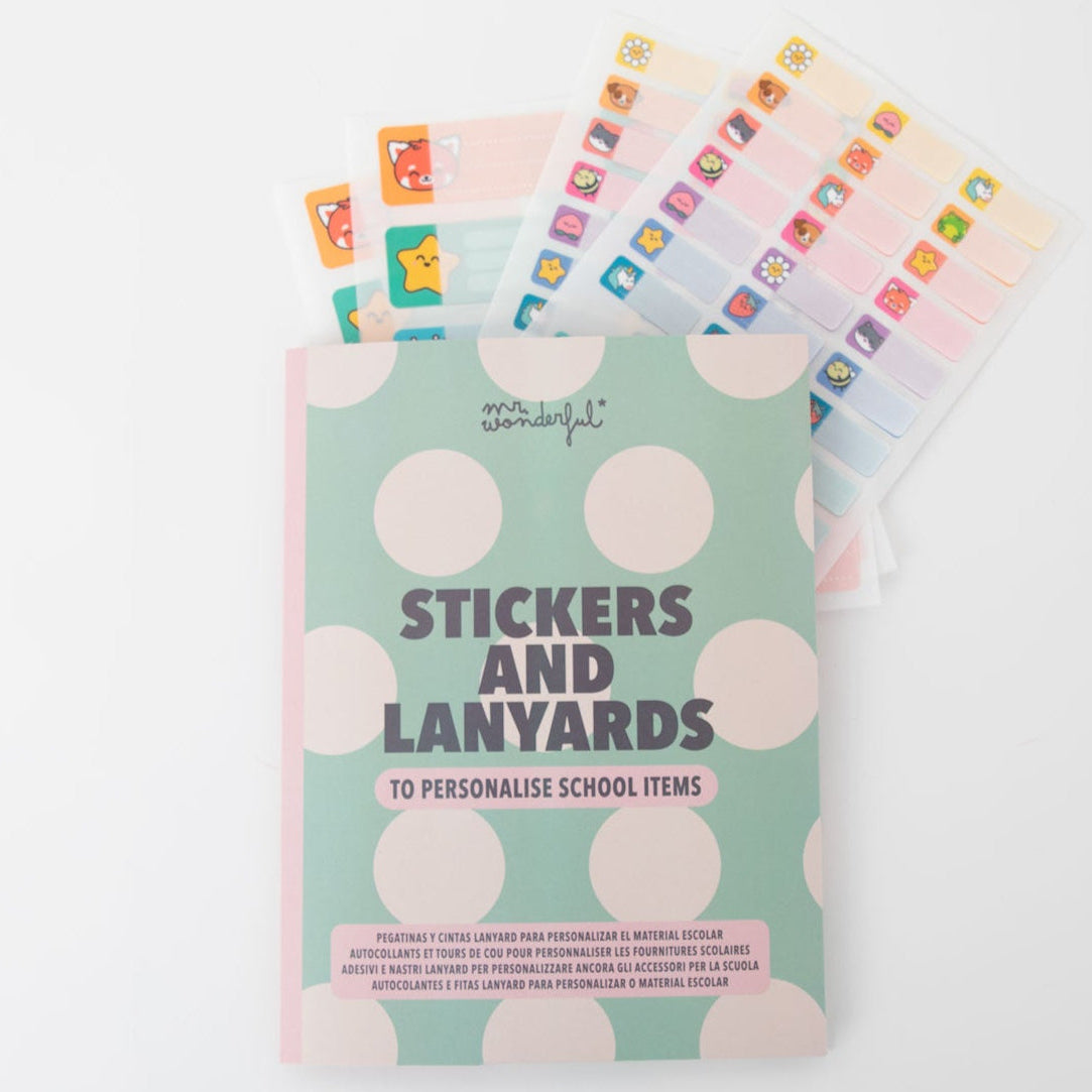 Pegatinas y cintas lanyard para personalizar el material escolar Mr. Wonderful - Abeja, melocotón, gato y estrella