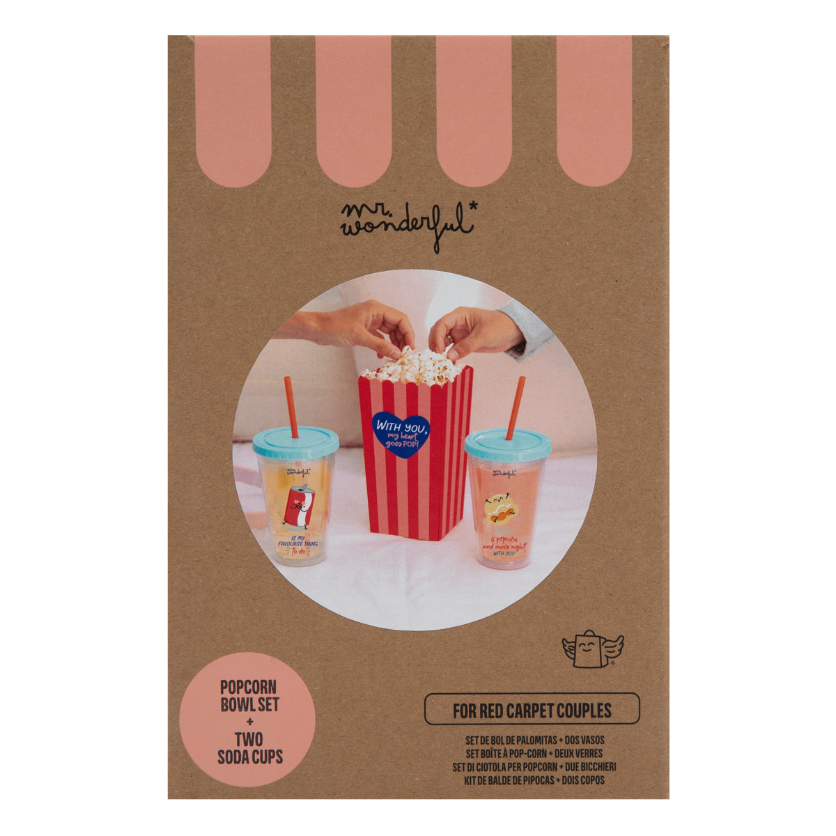 Set of popcorn bowl + 2 soda cups for red carpet couples