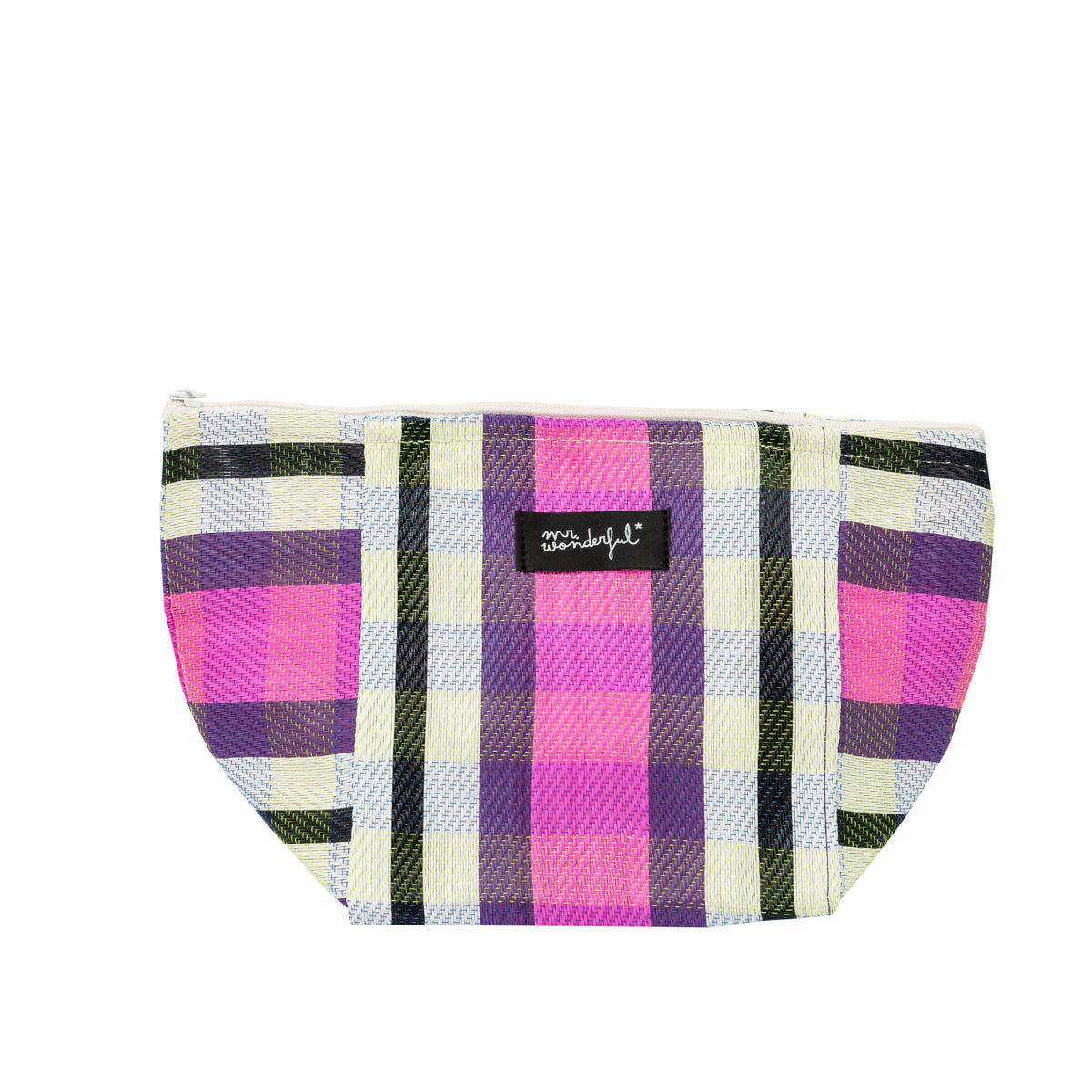 Striped beach toiletry bag – Purple, white and black.