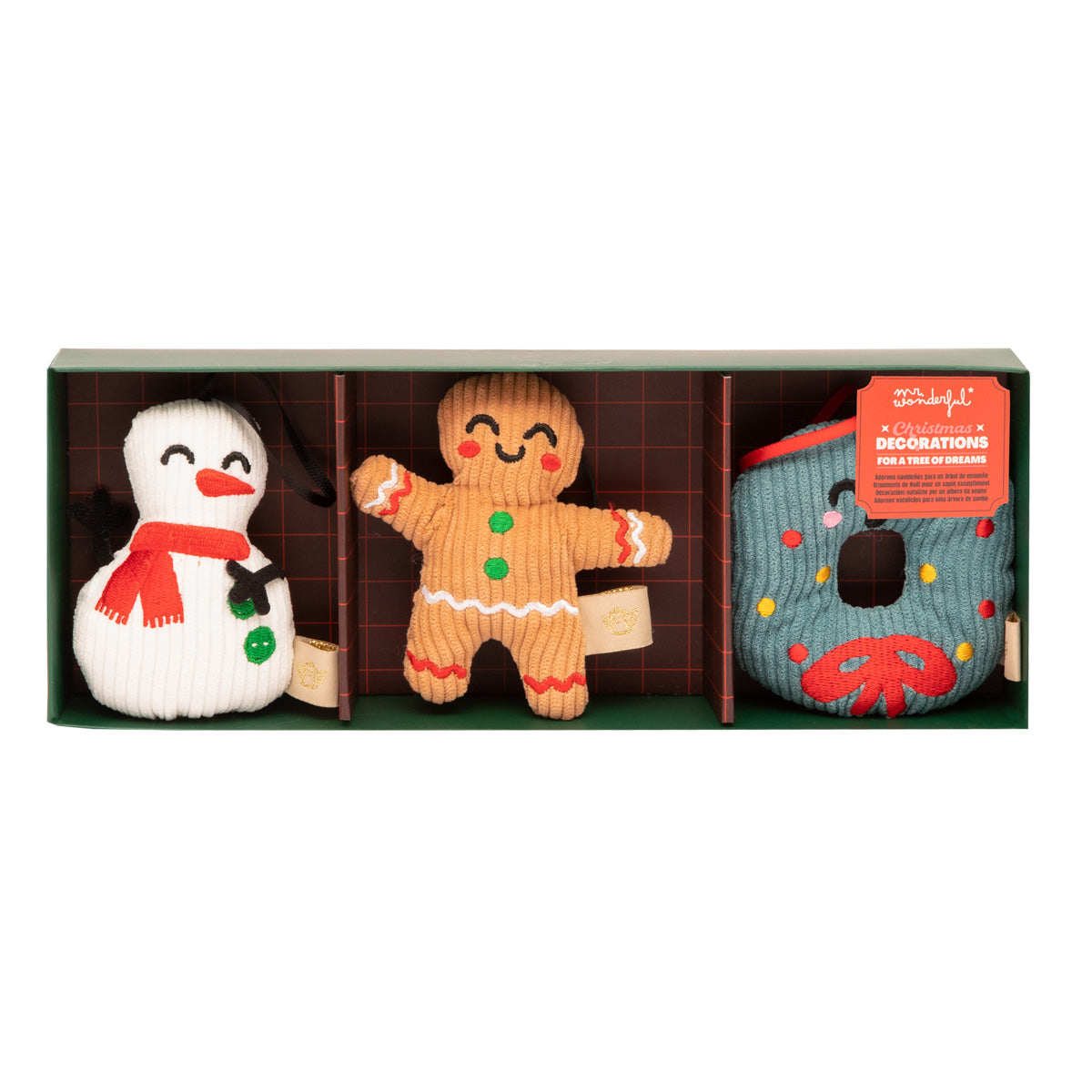 Décorations de Noël pour un arbre de rêves - Bonhomme de neige, bonhomme en pain d'épices et couronne de Noël. 