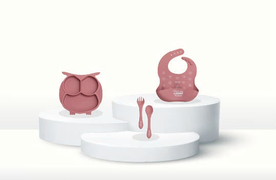 Pack Bebè rosa – Bavaglino in silicone + piatto in silicone per bebè + posate in silicone