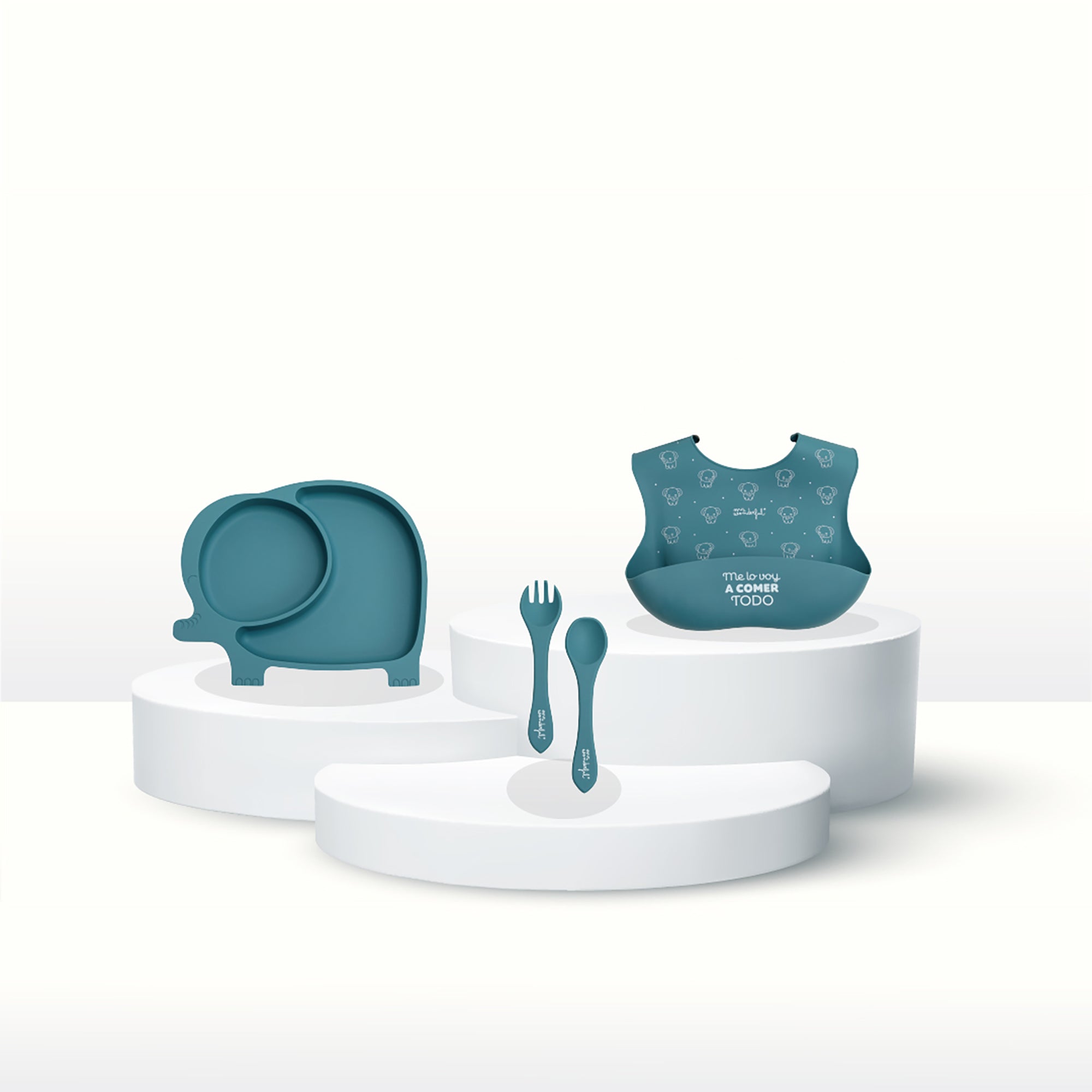 Pack Bebé azul – Babete de silicone + prato de silicone para bebé + talheres de silicone