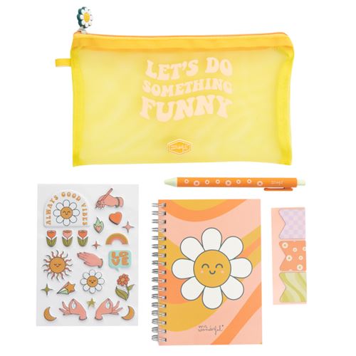 Estuche con libreta, boli, pegatinas y marcapáginas con margarita Mr. Wonderful